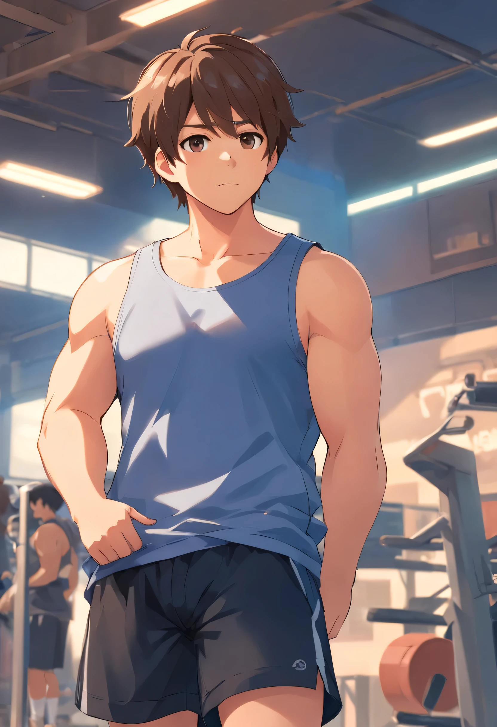 32 years old, adult, fat male, blue tank top, black gym shorts, light brown hair, short hair, brown eyes, no sleeves, with fat belly, chubby belly, fat, big arms, handsome face