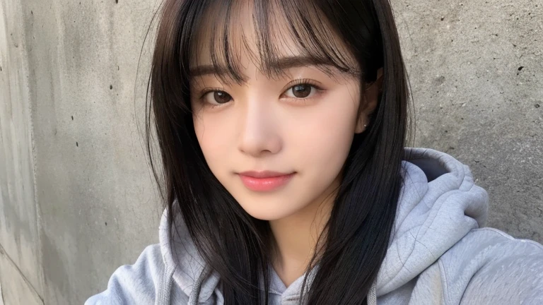 (highest quality、16K resolution)1 girl、solo、Natural soft light、、Japanese women、Looking into the camera、Concrete Background、Look forward、standing、Beaver、Female in her late teens、Light bangs、Long Hair、Black Hair,Natural look、Portrait、Oversized grey hoodie、smile