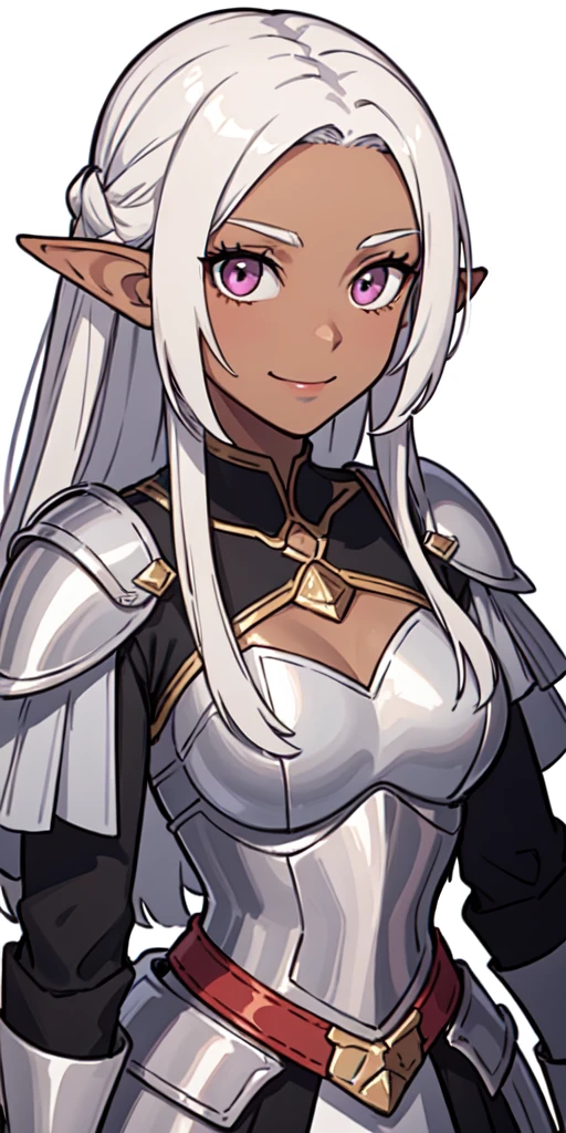 masterpiece, best quality, 1girl, solo, portrait, dark skin, dark-skinned female, elf ear, long hair, white hair, pink eyes, silver armor, smile, parted hair, armored dress