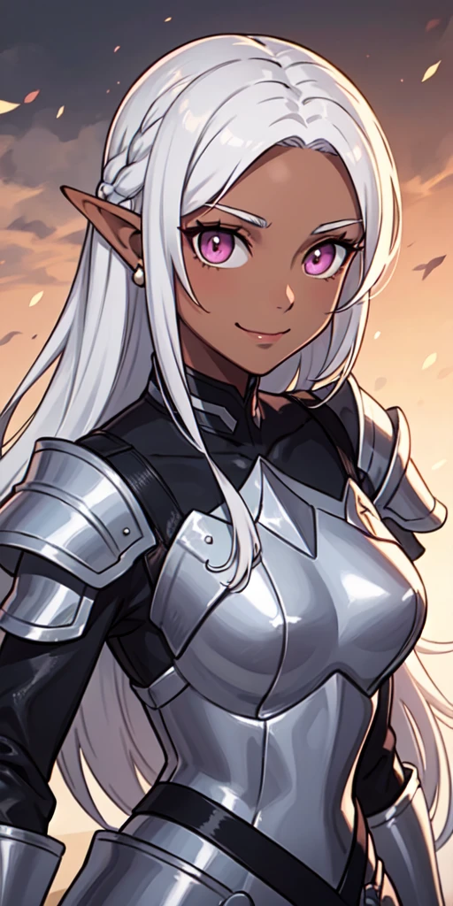 masterpiece, best quality, 1girl, solo, portrait, dark skin, dark-skinned female, elf ear, long hair, white hair, pink eyes, silver armor, smile, parted hair, armored dress