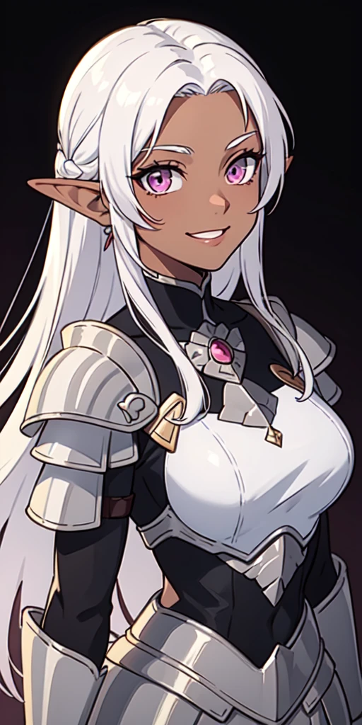 masterpiece, best quality, 1girl, solo, portrait, dark skin, dark-skinned female, elf ear, long hair, white hair, pink eyes, silver armor, smile, parted hair, armored dress