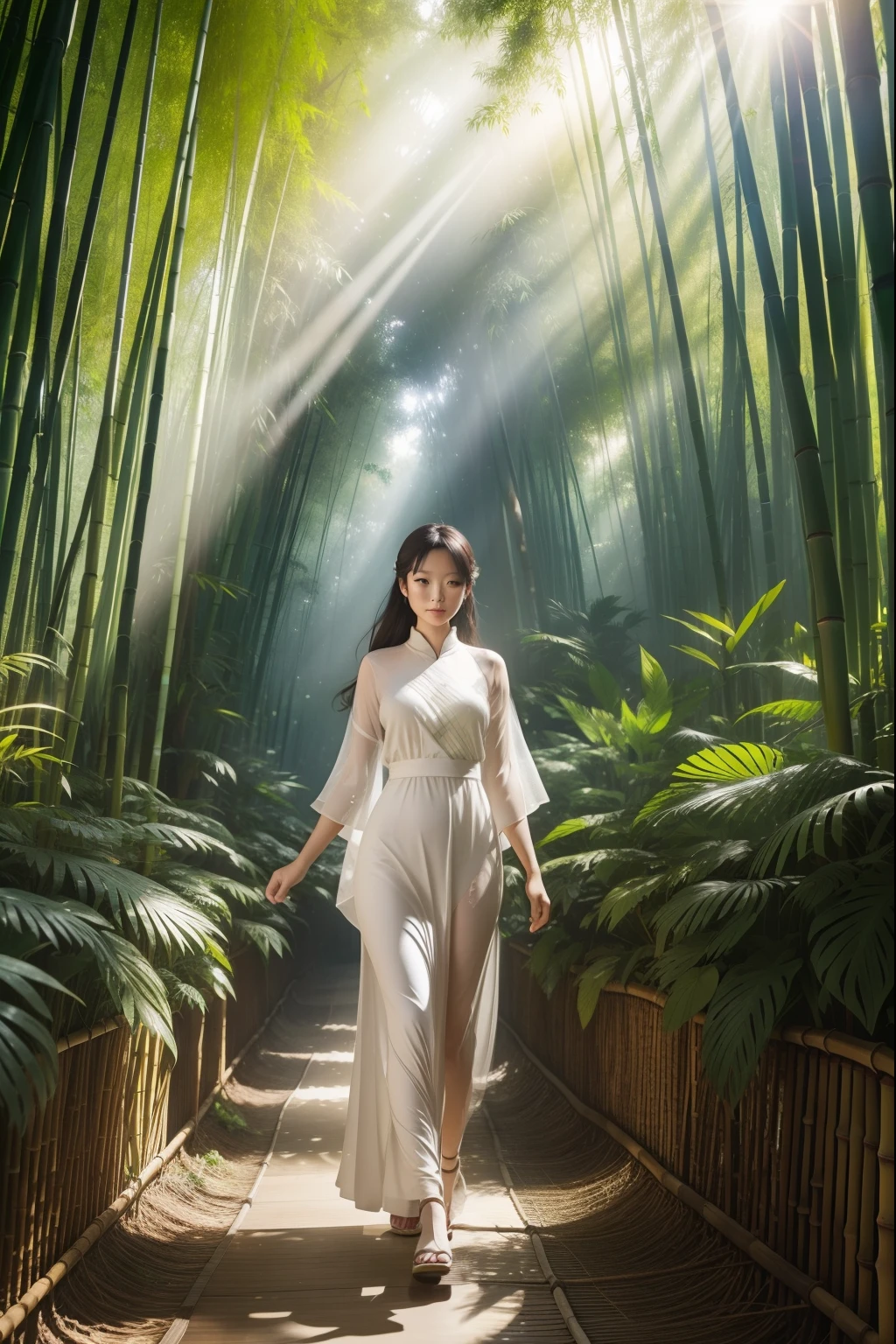 A beautiful woman is walking through a bamboo forest, Bask in the warm sunlight filtering through a canopy of tall bamboo leaves. The sunlight reflected dappled patterns on her white skin.。 A woman's long golden curly hair cascading down her shoulders, Highlighting her delicate features、Enhance your radiant smile. She is wearing a simple but elegant sundress., The hem flutters gently in the breeze. In her hands, She is carrying a bouquet of wildflowers that she picked from a nearby garden., (Full body portrait:1.4),
