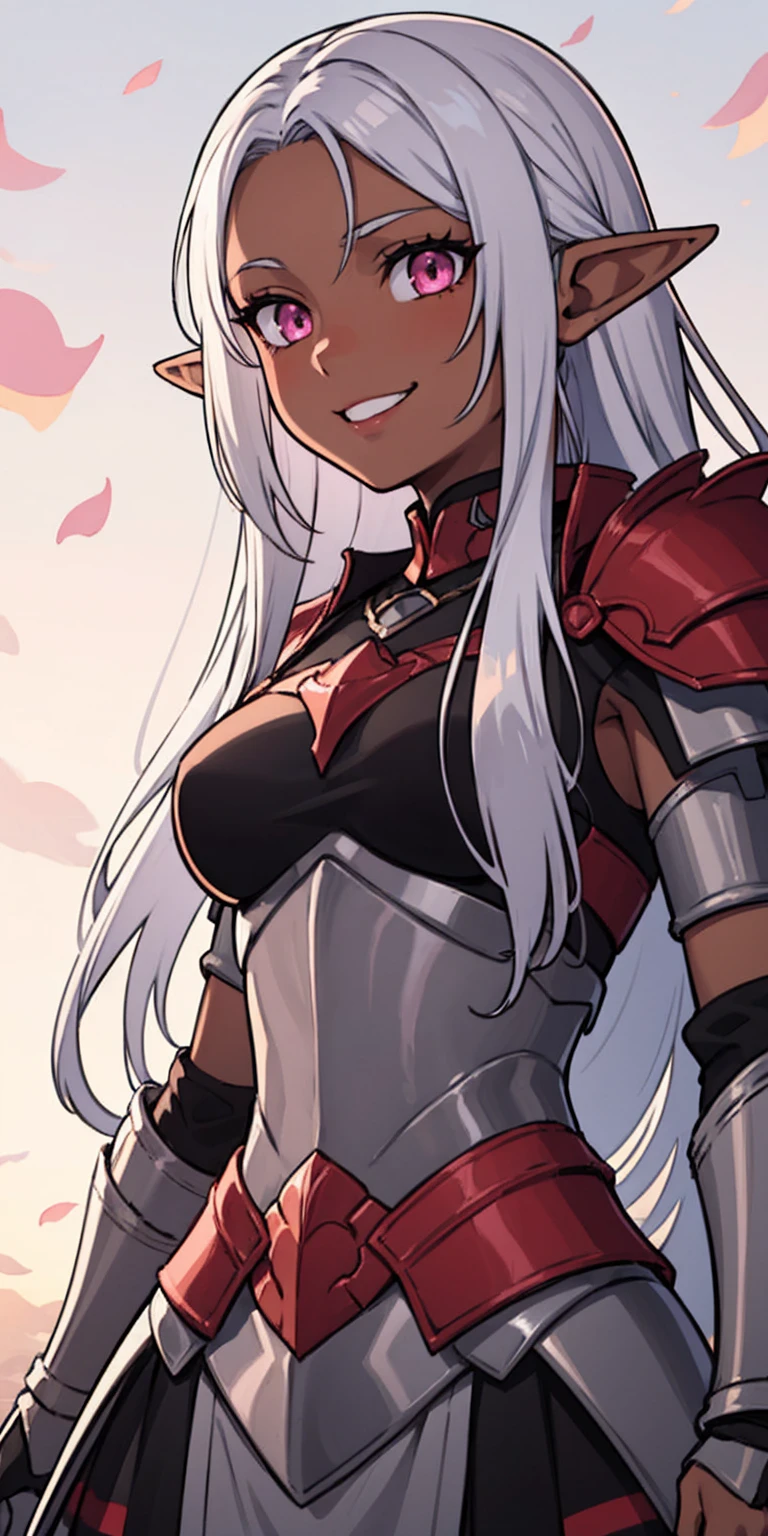 masterpiece, best quality, 1girl, solo, portrait, dark skin, dark-skinned female, elf ear, long hair, white hair, pink eyes, silver armor, smile, parted hair, armored dress