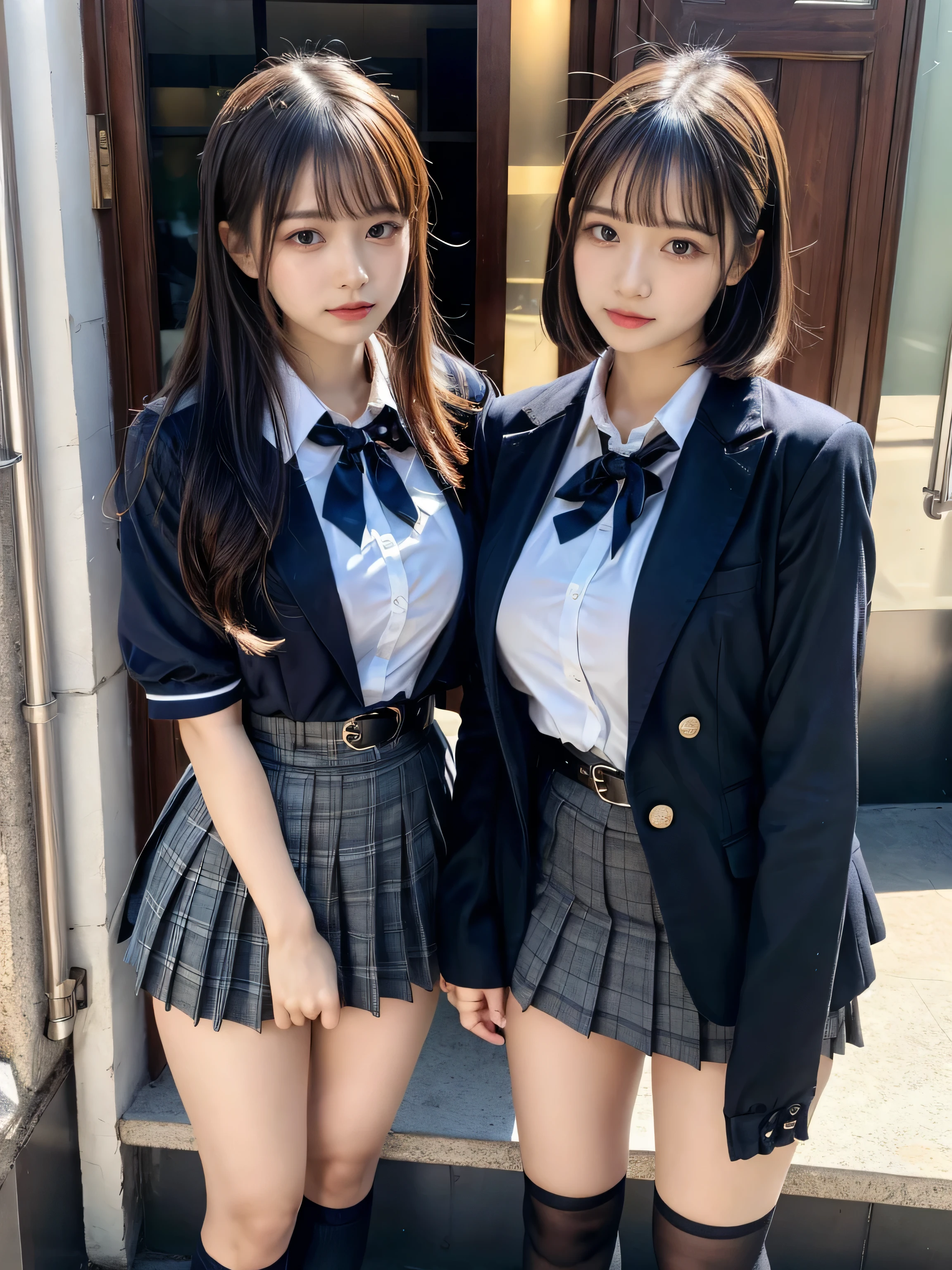 (8K, Raw photography, top-quality, masterpiece:1.2), muster piece, best quality, illustration, Super detailed, fine details, High resolution, 8K,wall paper, perfect dynamic composition,(Details High quality, realistic depiction of eyes:1.3), ((2 girls, 2 schoolgirls)), The background is a luxury hotel room、High school girl uniform、blazer 、Super Short Check Uniform Skirt、Navy blue high socks、garterbelts、Colossal tits、Disturbed uniform, Play with each other,Touching each other's bodies,Touching the body of the girl next door, short bob hair, black hair color, huge breasts, Big Natural Color Lip, bold sexy pose, (perfect body shape), crying a little、cold gaze, Beautiful makeup,glitter makeup,Cutest 18 years old、 beautiful legs, hposing Gravure Idol, Voluptuous thighs