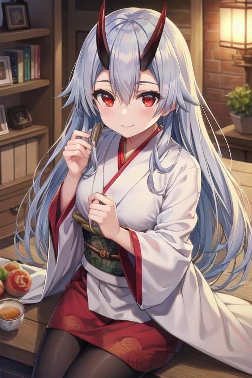 Masterpiece, best quality, tomoe gozen, torino style, 1person, red eyes, cute smile, hair between eyes, silver hair, very long hair, oni horns, looking at viewer, long kimono, long sleeves, pantyhose