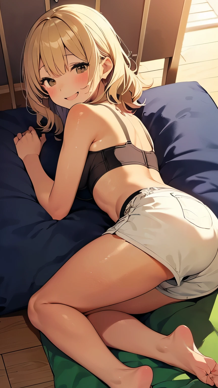 highest quality、Elementary school student bra、Beige shorts、Cute appearance、Stretch your legs in the room、Armpit sweat、Grass、Ecstasy face,(Attractive person), (girl1), (Highly detailed face, smile) , (日本のgirl), Slightly round face, (Tan brown face:1.6), cute, Big eyes、2D,highest quality,(masterpiece),(((Whole body image))),(((Head to toe on screen:1.2))),(short wavy blonde hair:1.3),Healthy brown skin,((Hot Pants are green in color)),Leather Belt,Pink-halter top,Shining bare feet,barefoot,Beautiful brown eyes,Attractive thighs,Sloppy body type,Bedroom,get drunk,Upward glance,cheeks are bright red,あざとcute,天使のようなsmile,A big smile,Close your eyes and laugh,Erotic look,Large drops of sweat all over the body,humid,Waistline、My Room、(Sleeping on your stomach:1.1),(Angle shot from directly above:1.2),Poses that accentuate the buttocks,Angle to emphasize the buttocks,The soles of your feet are dirty,Red nails on legs