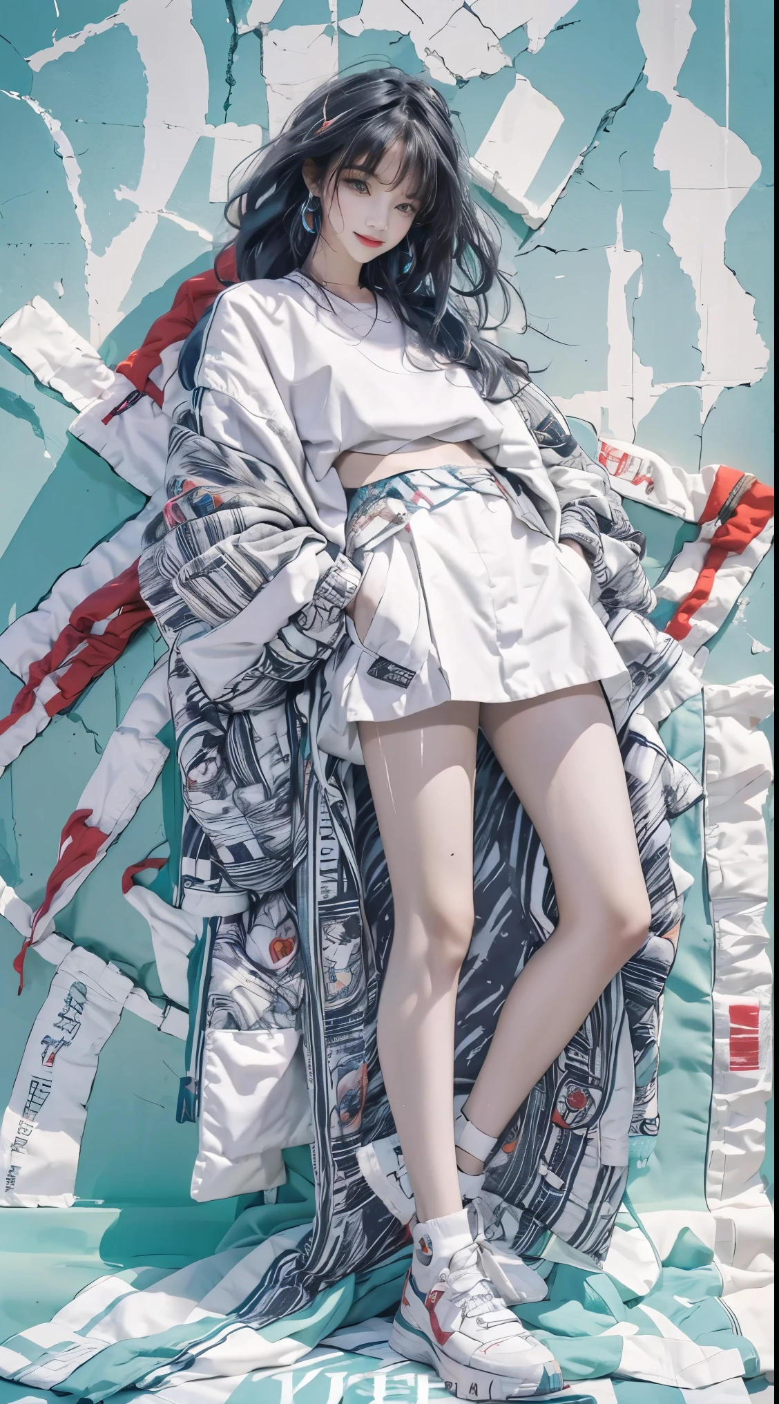Kizi, Sexy, fully body photo，shoe，Handsome movements，long whitr hair，ssmile，Sideways photo，Colorful color scheme，Trendy clothing，Leave white space above the image，Columnar patch background，Geometric pattern stitching background