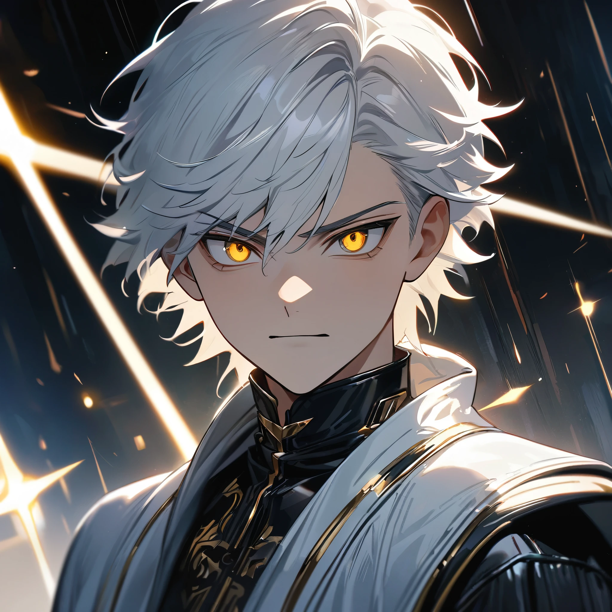 High quality, HD, 4k, handsome male, 1male, 17 years old, teenager, golden lining, short white hair, sharp eyes, gold eyes, devil may cry, close up, calm expression, stoic expression, black leather clothes, white leather clothing, upper body, looking at viewer, cowboy shot, white solar, shining background