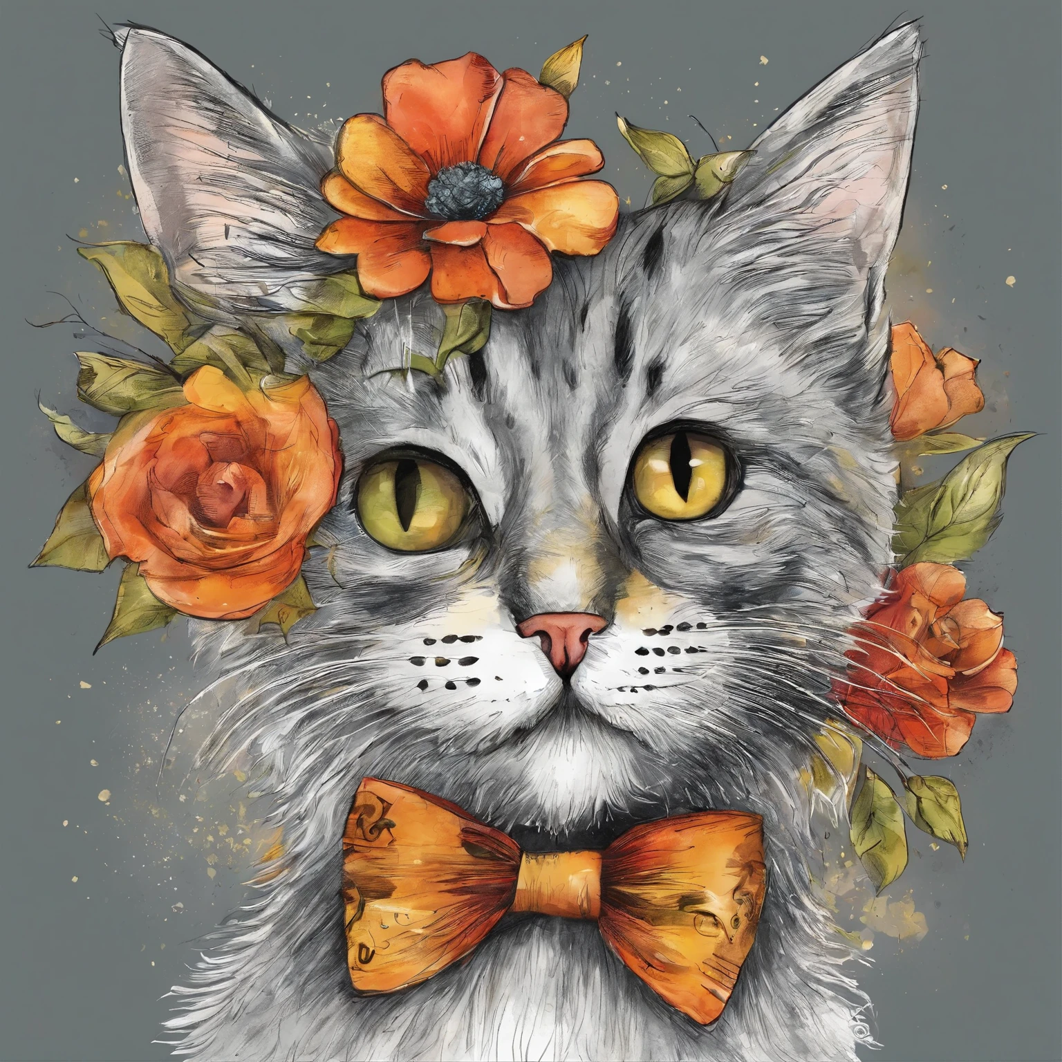2D T-shirt design sketch, detailed drawing for kids, Ralph Steadman style, high detail, cinematography. Beautiful playful vintage watercolor illustration of a drawing in the style of animal art, pop art, lowbrow art and conceptual art of a contented multicolored multicolored in light pastel bright colors, without dark tones of a cat, multicolored eyes, holding a bouquet of beautiful multicolored flowers with both paws, with a broadly smiling cat ( smile from ear to ear). Lovely light bright, colorful, hairy cat, Anthropomorphic cat, tonic cat, capricious cat, smug grin, smug look, mischievous grin, Wallpaper on a white background. Vintage Kitten T-Shirt, Vintage Early 1920, Kitten has different colored eyes, Gold Cut, Detailed Artwork, Ralph Steadman Style, High Detail, Cinematography.