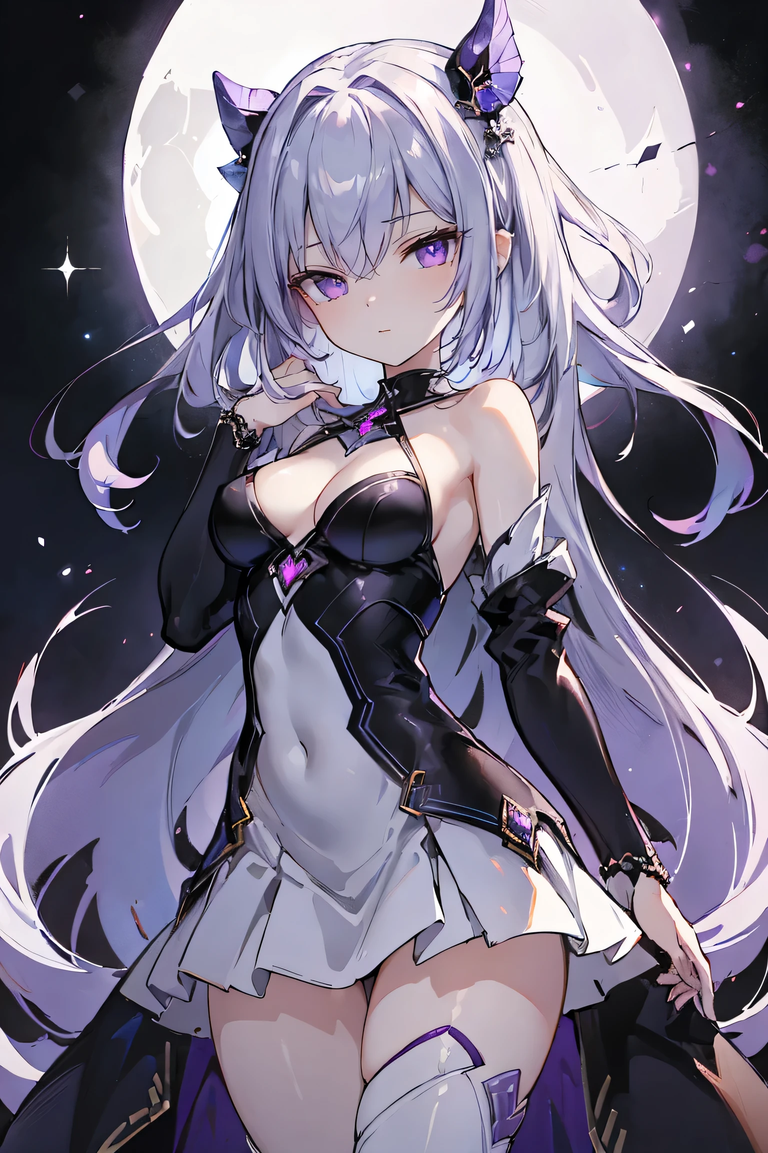 1girl, anime, cute girl, blank background, white background, fantasy, detailed fantasy dress with highlights, beautiful face, beautiful eyes, dark colors, black hair with multicolor streaks, red eye with different color pupil in eye, multicolor eye, medium breasts, slight cleavage, beautiful skin, cute, breast curtains, extremely delicate and beautiful, (beautiful detailed face:1.0), (detailed deep eyes), symmetrical breasts, deep eyes, shiny skin, portrait, slender waist, hips wider than shoulders, thighs, expressionless, young girl, luminous eyes, adorable,(Kpop idol),(aegyo sal:1),(Platinum blonde hair:1),((puffy eye)),Black panty,sexy posture,Superskirt, Ultra-high resolution,Black collar,slim figure, Abdominal y tattoo, womb tattoo,Tight-fitting leg ring,y tattoo on half-body,Bare skin, Armored hand,Hidden fingertips,Hand covered,Arm covered,Fist covered,{{beautiful detailed fingers}}, tufts of hair, moderate beautiful breast:1.0,(masterpiece:1.2), best quality, high-res, HDR, perfect face, intricate armor, delicate blue filigree, intricate filigree, red metalic parts, detailed part, dynamic pose, dynamic lights, cute face, neutral expression, shuimobysim, lotus, hanfu, maxi skirt, dress conservatively 1girl, solo, long blue hair, standing, One lady,14years,((White hair) ,((Normal breasts)), (Shiny purple bodysuit with microskirt),((Fantasy, Moon Night)),High definition RAW color art, Animation,sculptures, Silver Marble Skin, (((Ultra detailed elegant))), Magical atmosphere, Detailed skin, Texture,(Intricately detailed, Fine detail, ultra-detail art), depth of field, Bokeh, Silky Touch, Hyper Detail, Matte Drawing, sparkle background, (purple neon), beautiful eyes, elegant face,