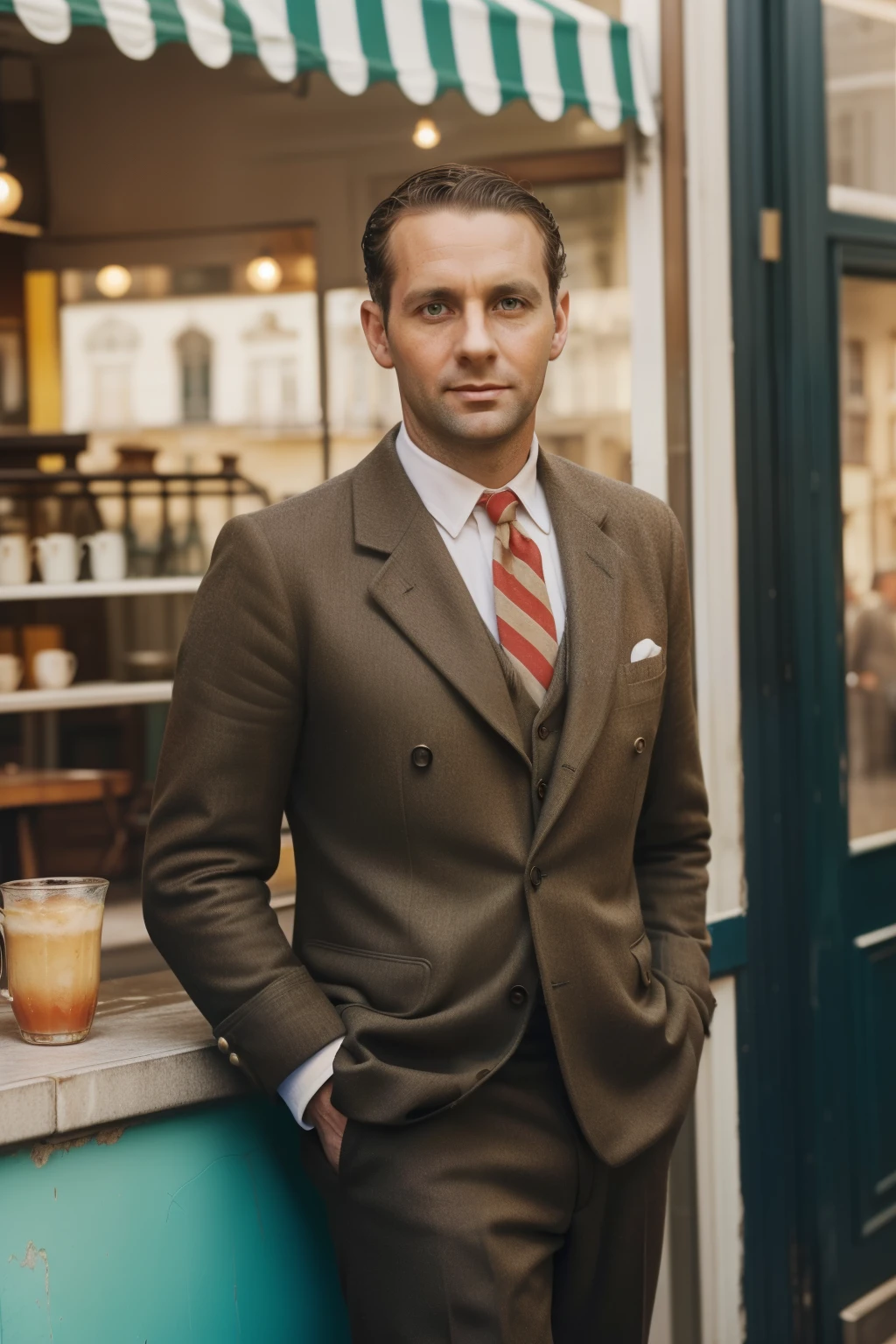 Lisbon, 1941. portrait of A young ((((39-year-old)) Marcus Logan)), pale englishman, tall, standing in front of a cafe, ((((day clothings from the 1940s)))), ((messy hairstyle of the 1940s)), ((colorful))