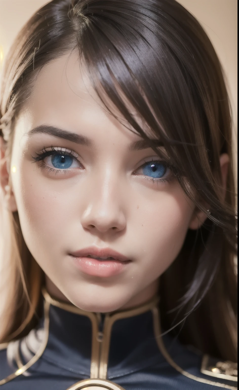 Best quality, super high resolution, photorealistic, beautiful girl details, unrealistic outfit, pseudo-space, close-fitting combat uniform, viewer details, detailed facial details, beautiful detailed eyes, pink hair, blue eyes, slender, unforgettable smile, make-up, red lips, portrait, highly detailed clothes,