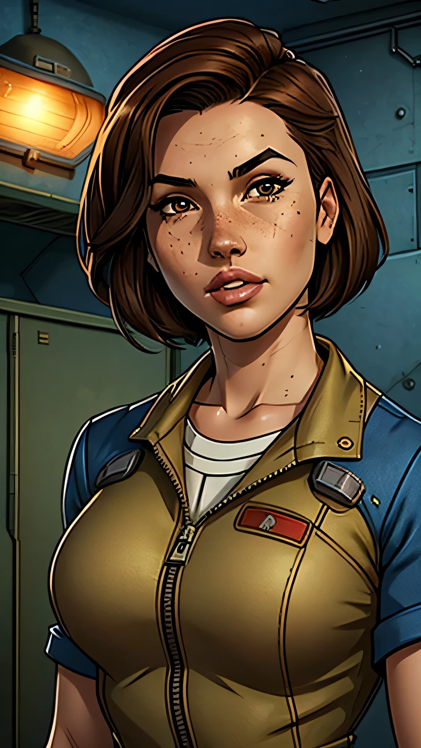 1girl, 25 years old, Japanese, vault dweller /(fallout/), solo, dark brown eyes, turning, reddish-brown hair, vault-tec jumpsuit, blue jumpsuit, blue clothes, white undershirt, lips, looking at viewer, short hair, upper body, nose, zipper, European, good lighting, medical clinic, vault /(fallout/), freckles