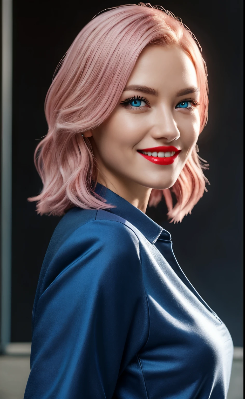 Best quality, super high resolution, photorealistic, beautiful girl details, unrealistic outfit, pseudo-space, close-fitting combat uniform, viewer details, detailed facial details, beautiful detailed eyes, pink hair, blue eyes, slender, unforgettable smile, make-up, red lips, portrait, highly detailed clothes,