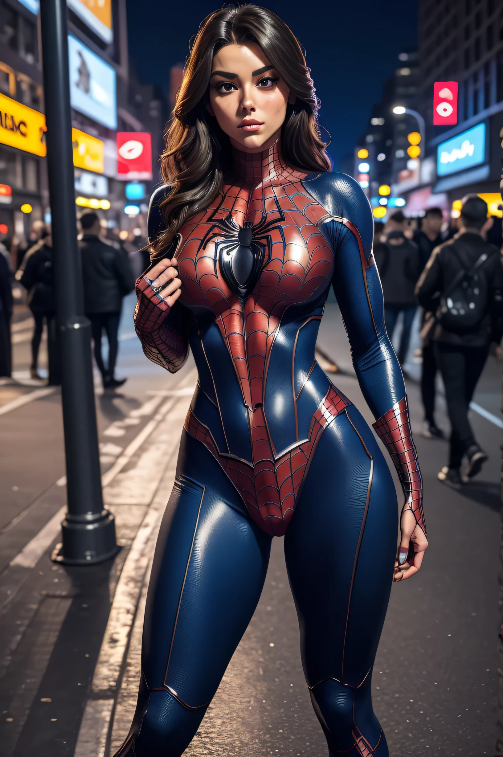 (((Masterpiece))), photo realistic, extremely alive picture, vivid details, 1 sexy transgender woman wearing skin tight spider-man costume,she is standing in the night streets of new york in action pose, Cock bump, costume is made out of futuristic nanofiber and is very realistic, She is absolutely gorgeous, (face focus), she has strong body and flat chest, her cock is bulging in her skin tight costume, extreme detailed picture, vivid colors, extremely realistic skin texture