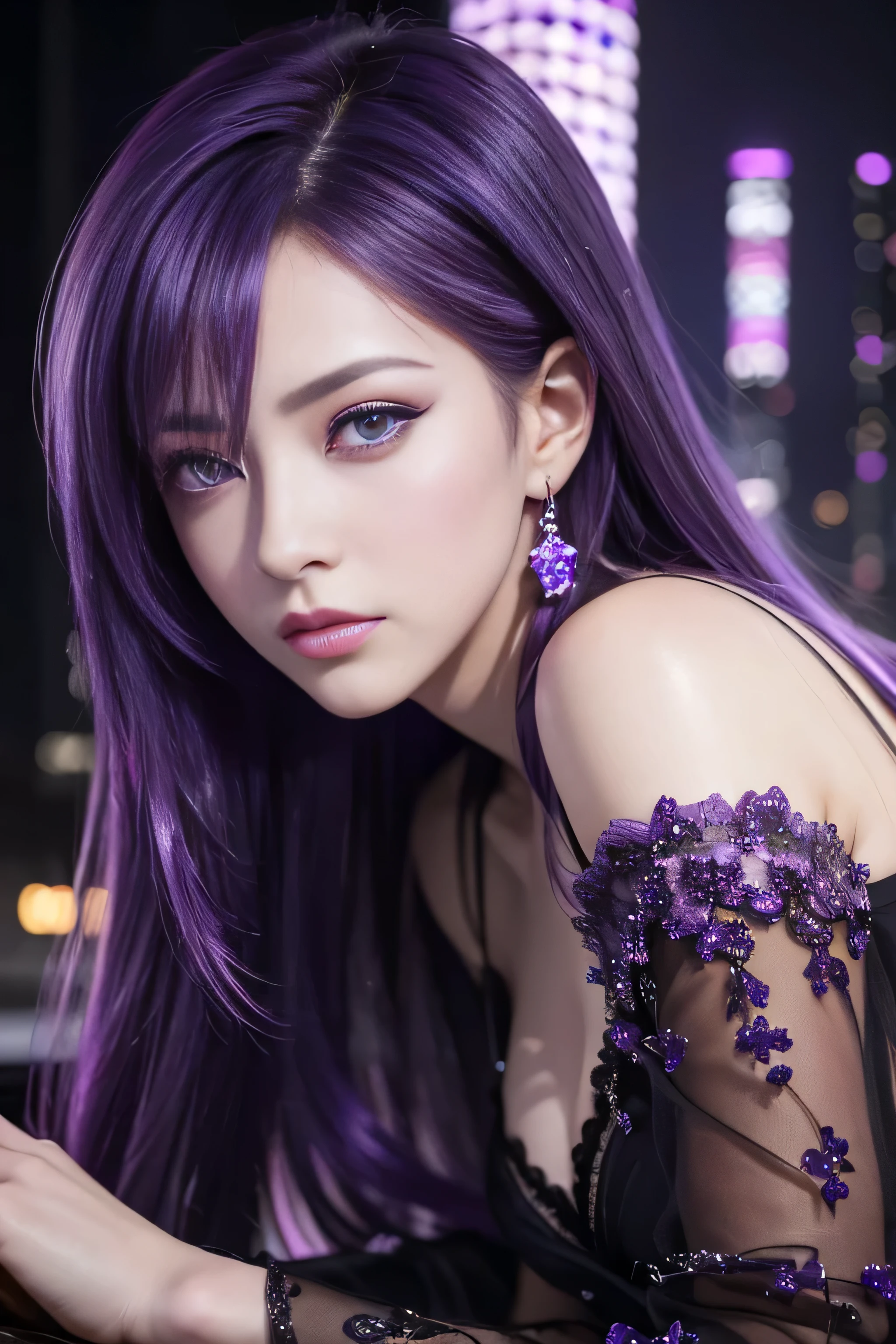 highest quality、16K High Resolution、Super detailed、masterpiece、Live Shooting、Photorealistic:1.4、Hyperrealism:1.4、Sharp focus、Very delicate and beautiful、Fine details、GAUST IN THE SHELL、Major Kusanagi、(Jump off skyscrapers)、Night Time、(Purple eyes:1.5)、(Purple shortcuts:1.5)