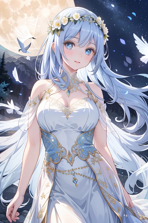 detailed ethereal fantasy scene, 1 girl, beautiful detailed eyes, beautiful detailed lips, extremely detailed face, long eyelashes, graceful pose, long flowing hair, exquisite dress, ornate jewelry, flower crown, surrounded by floating flower petals, soft lighting, mist, reflective water, moon in night sky, dreamlike atmosphere, (best quality,4k,8k,highres,masterpiece:1.2),ultra-detailed,(realistic,photorealistic,photo-realistic:1.37),cinematic lighting,fantasy,magical,mystical