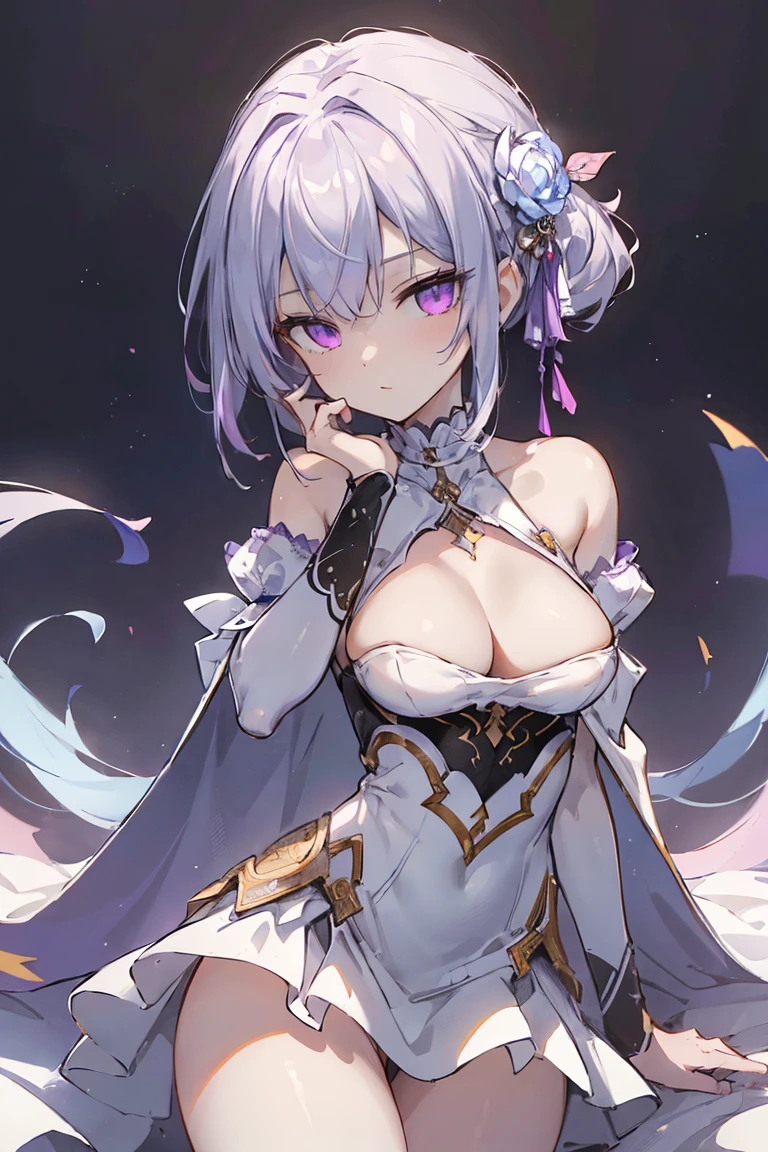 1girl, anime, cute girl, blank background, white background, fantasy, detailed fantasy dress with highlights, beautiful face, beautiful eyes, dark colors, black hair with multicolor streaks, red eye with different color pupil in eye, multicolor eye, medium breasts, slight cleavage, beautiful skin, cute, breast curtains, extremely delicate and beautiful, (beautiful detailed face:1.0), (detailed deep eyes), symmetrical breasts, deep eyes, shiny skin, portrait, slender waist, hips wider than shoulders, thighs, expressionless, young girl, luminous eyes, adorable,(Kpop idol),(aegyo sal:1),(Platinum blonde hair:1),((puffy eye)),Black panty,sexy posture,Superskirt, Ultra-high resolution,Black collar,slim figure, Abdominal y tattoo, womb tattoo,Tight-fitting leg ring,y tattoo on half-body,Bare skin, Armored hand,Hidden fingertips,Hand covered,Arm covered,Fist covered,{{beautiful detailed fingers}}, tufts of hair, moderate beautiful breast:1.0,(masterpiece:1.2), best quality, high-res, HDR, perfect face, intricate armor, delicate blue filigree, intricate filigree, red metalic parts, detailed part, dynamic pose, dynamic lights, cute face, neutral expression, shuimobysim, lotus, hanfu, maxi skirt, dress conservatively 1girl, solo, long blue hair, standing, One lady,14years,((White hair) ,((Normal breasts)), (Shiny purple bodysuit with microskirt),((Fantasy, Moon Night)),High definition RAW color art, Animation,sculptures, Silver Marble Skin, (((Ultra detailed elegant))), Magical atmosphere, Detailed skin, Texture,(Intricately detailed, Fine detail, ultra-detail art), depth of field, Bokeh, Silky Touch, Hyper Detail, Matte Drawing, sparkle background, (purple neon), beautiful eyes, elegant face,