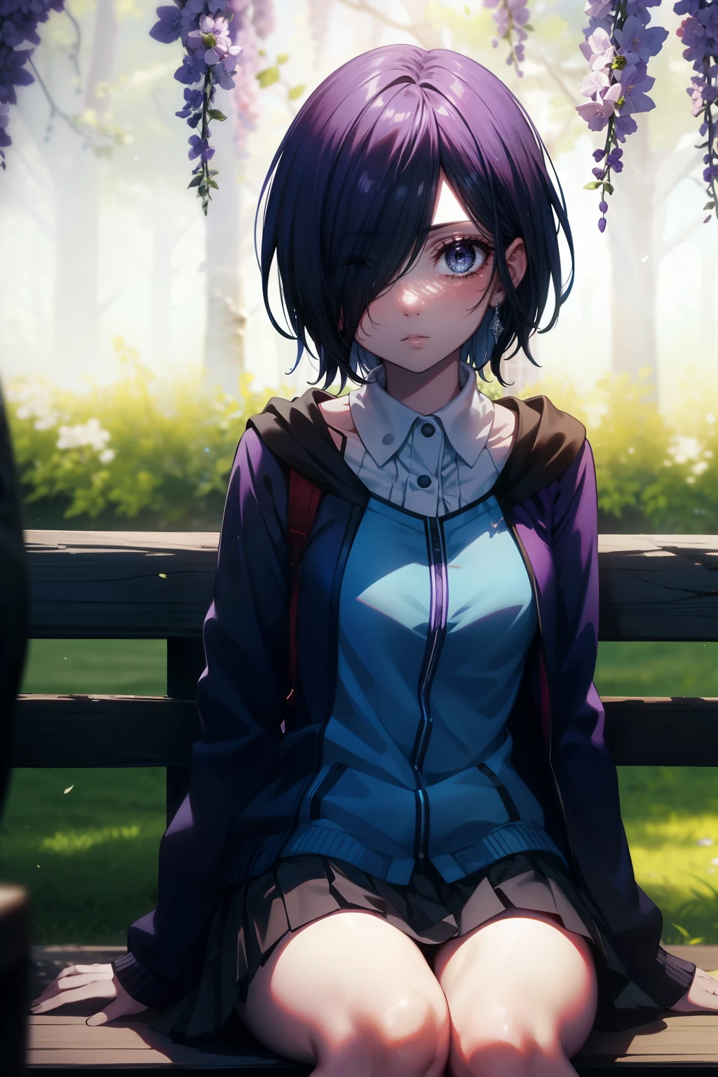 Good quality, HDR , Girl, white skin, beautiful face, cold and calm features, purple-blue eyes, short blue-violet hair It covers the left side of her face and her left eye , Kirishima Touka, Kirishima Touka Style, Tokyo Ghoul Style, Touka Kirishima School Clothes, Sitting under the willow tree, calm look, nice body, Sitting on a bench in a park of willow trees, soft lighting,