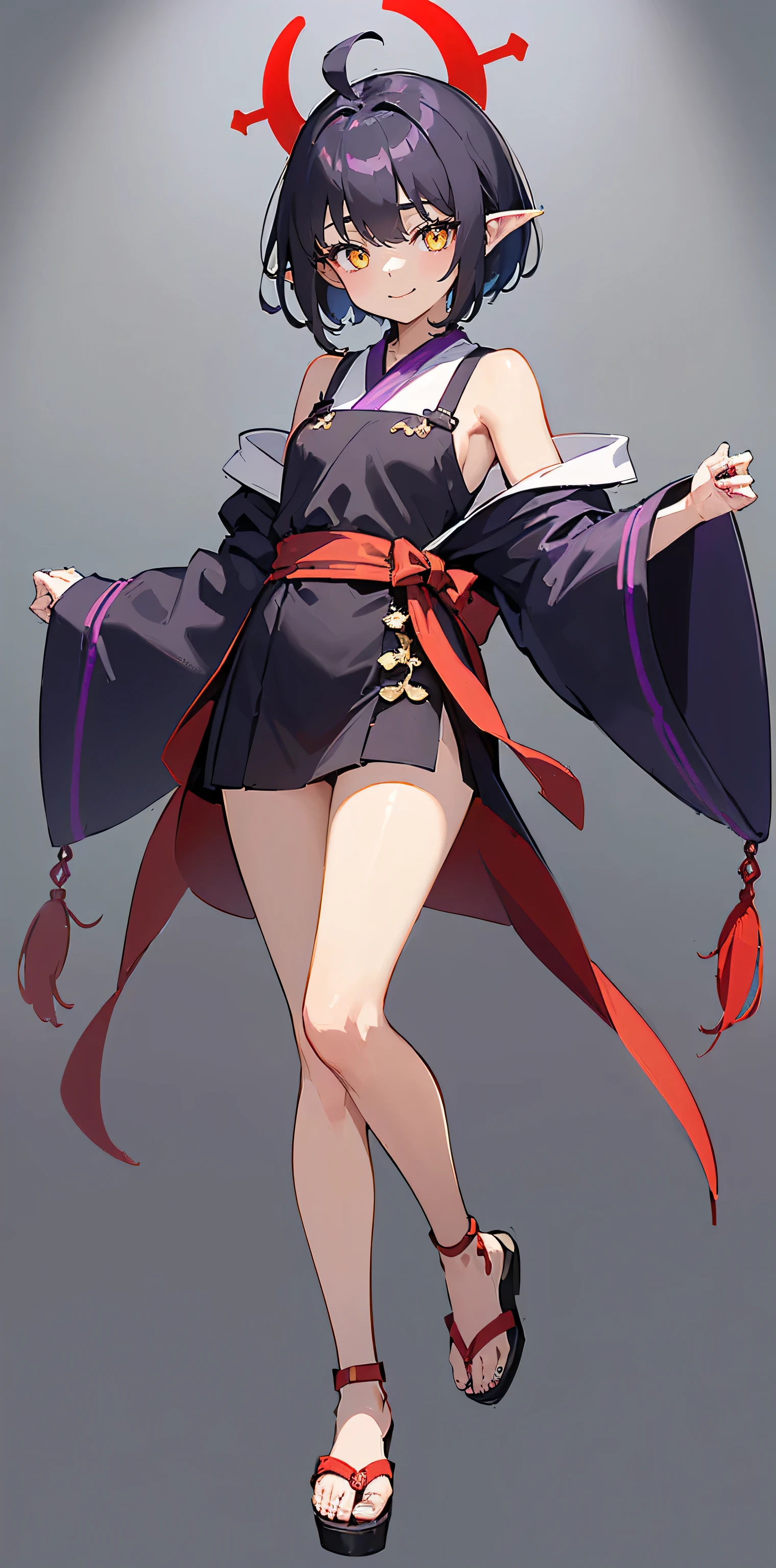 ((8K resolution))、((highest quality))、((masterpiece))、((Very detailed))((((dramatic))), (Anatomically correct)、(Simple Gray Background)、The depth of the object being written、Looking at the camera、one person、One person girl、front、whole body、shoes、Stand straight、upright、Arms at side、(whole body, straight, upright,Wearing zori shoes)、(Purple glowing black hair、Short hair to the shoulders, Hair between the eyes, Ahoge)、Yellow Eyes、(pointed ears)、long nails of red color、Short/ smile 、Shrine maiden、Mid-chest、Shrine maiden服、Wearing sandals、(Simple white background)