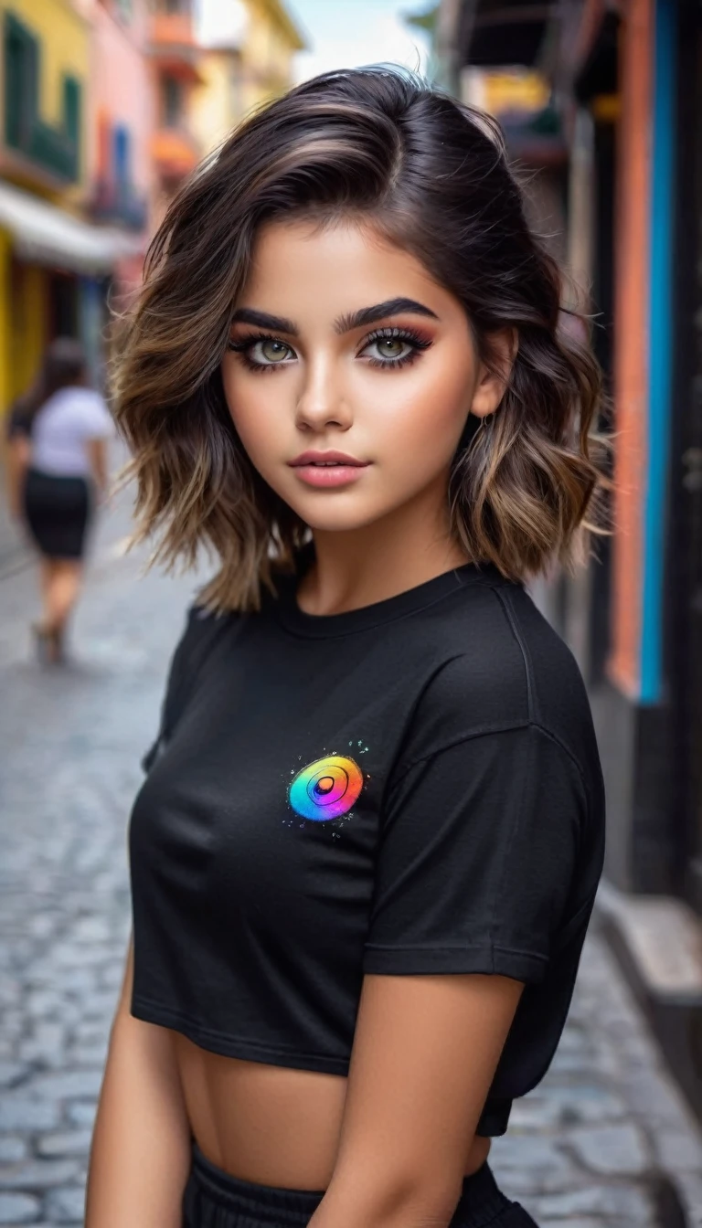 Chica preadolescente hermosa realista, pelo corto de colores, ojos negros, playera corta, falda negra, pose sexy, senos grandes, mirando al espectador, sentada, Vtuber, Estilo callejero, detalles  exagerados