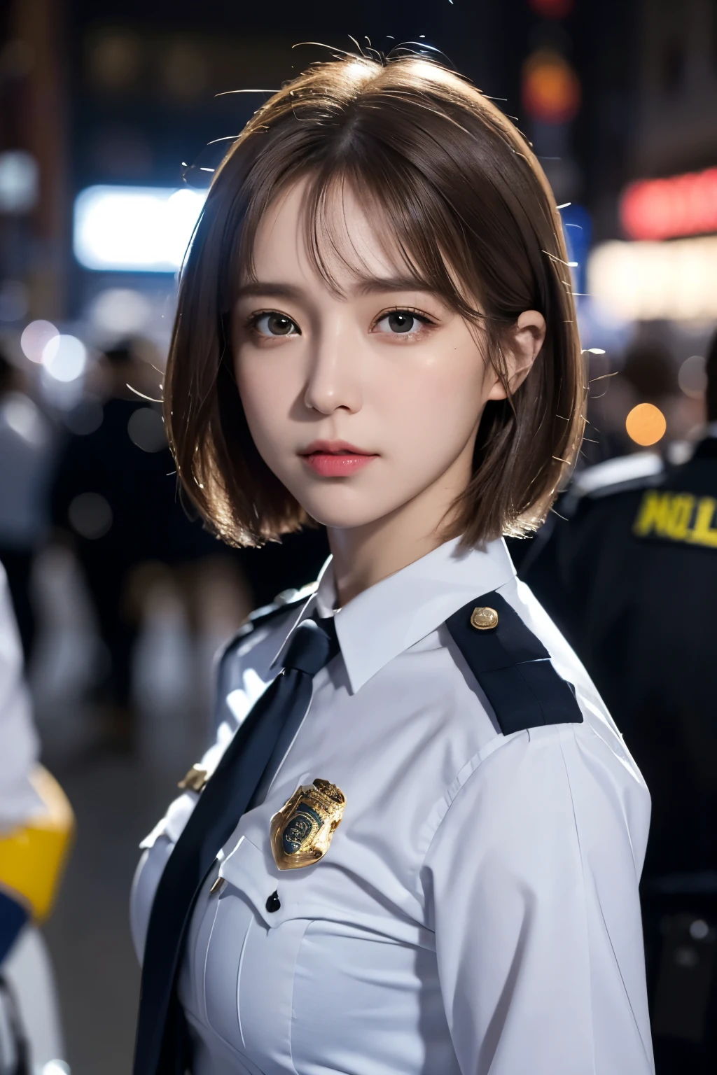Ultra-high resolution、(Real:1.4)、One beautiful woman、Beautifully detailed eyes and skin、Light brown short hair、Small Bust、New York City Police Department NYPD Official Uniform、New York city in the evening、Dramatic composition、