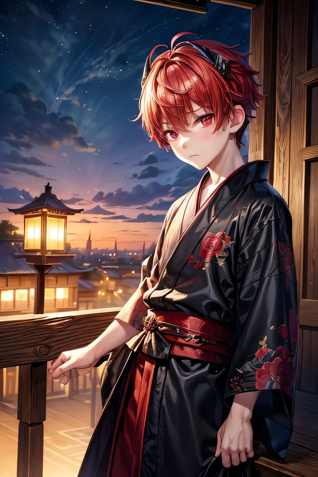 (masterpiece, top quality, best quality, official art, aesthetic:1.2), (1boy:1.3), boy, extremely detailed,(fractal art:1.2),colorful, highest detailed, wallpaper,red eyes, short comma haircut, red hair, black horns, (sad, sadness expression, sadness face), yukata outfit, (cowboy shot), in rooftop school, looking out