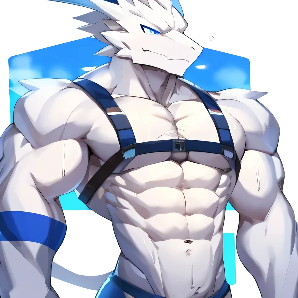 Thin macho white dragon abs Hollow abs thick arms chest rig 、sweaty skin glow profile Wearily short of breath clenching one's back teeth Knees on the floor rubber suit