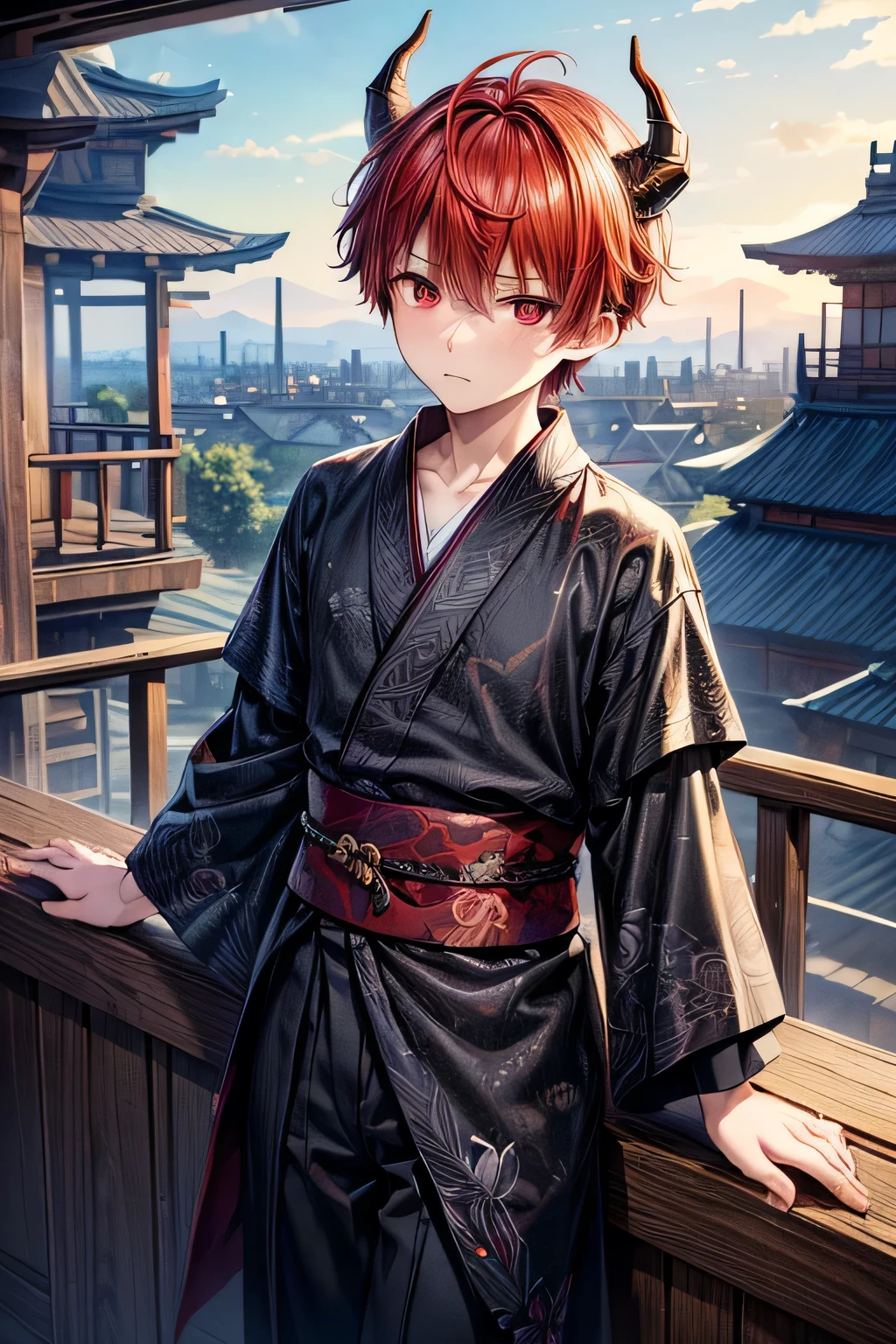(masterpiece, top quality, best quality, official art, aesthetic:1.2), (1boy:1.3), boy, extremely detailed,(fractal art:1.2),colorful, highest detailed, wallpaper,red eyes, short comma haircut, red hair, black horns, (sad, sadness expression, sadness face), yukata outfit, (cowboy shot), in rooftop school, looking out