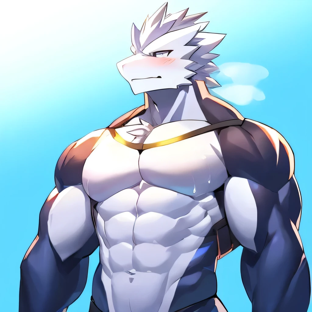 Thin macho white dragon abs Hollow abs thick arms chest rig 、sweaty skin glow profile Wearily short of breath clenching one's back teeth Knees on the floor rubber suit