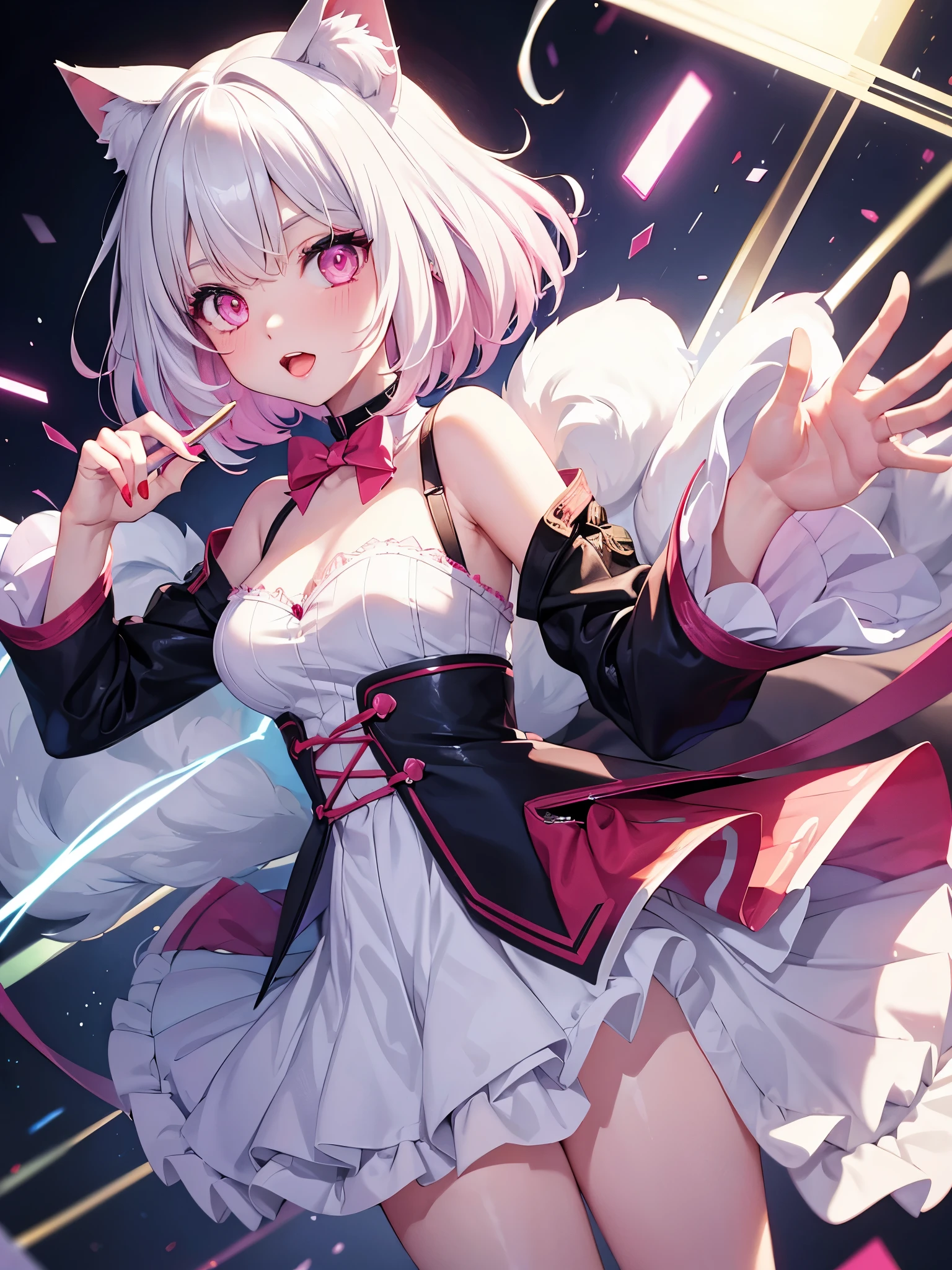 White hair. Short hair. Inner pink hair. Anime girl. Asian girl. Ulzzang. Pink eyes. Glowing eyes. Nekomimi.  