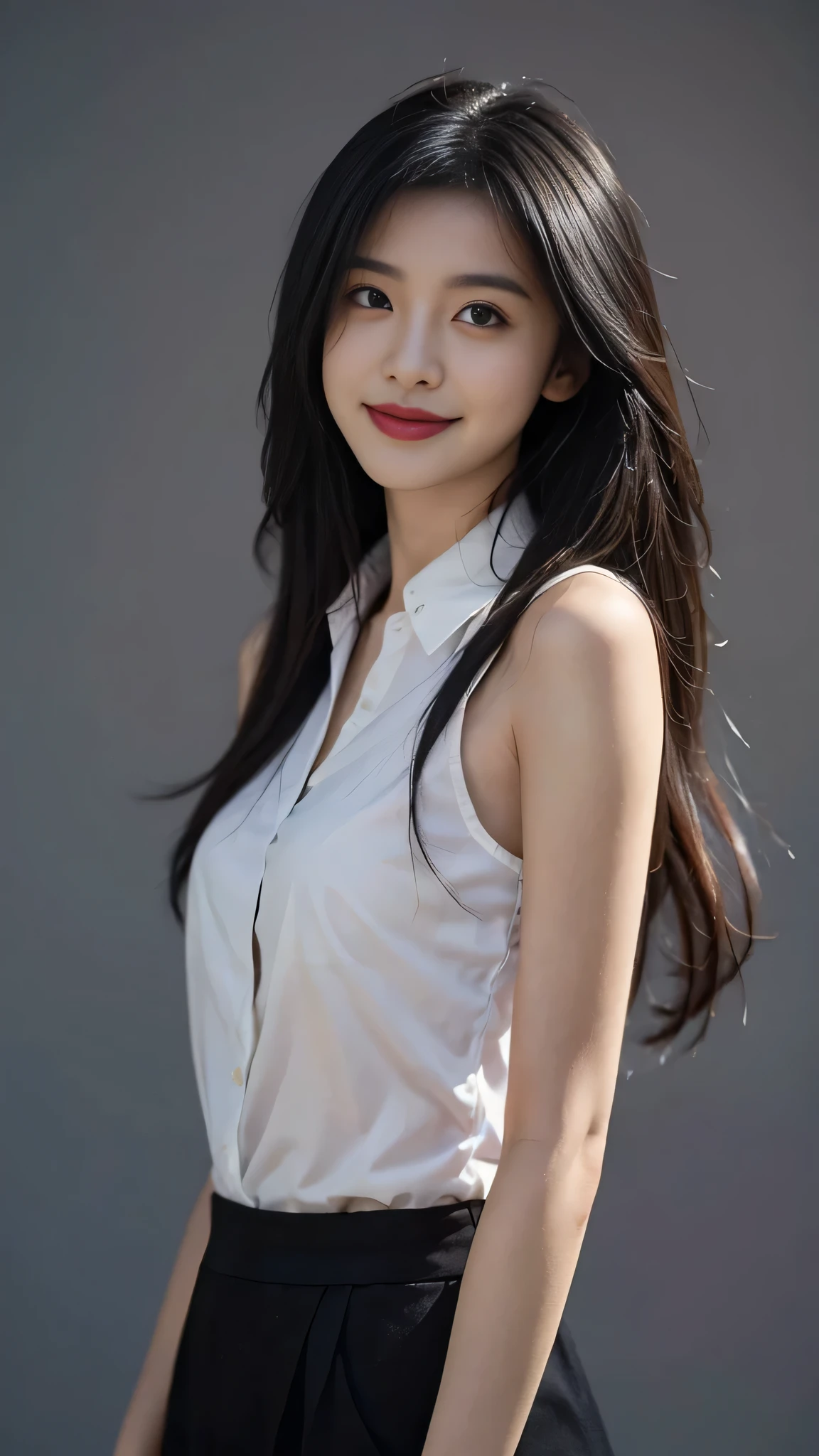 A perfect young female white-collar worker，Chinese，High picture quality，Works of masters，Black hair，Long hair flowing over the shoulders，Blured background, deep shadow, Real Human，CG rendering，16k，depth of field, movie light, Ray tracing, Stand up， smiles，Do not sh，Close-up shot