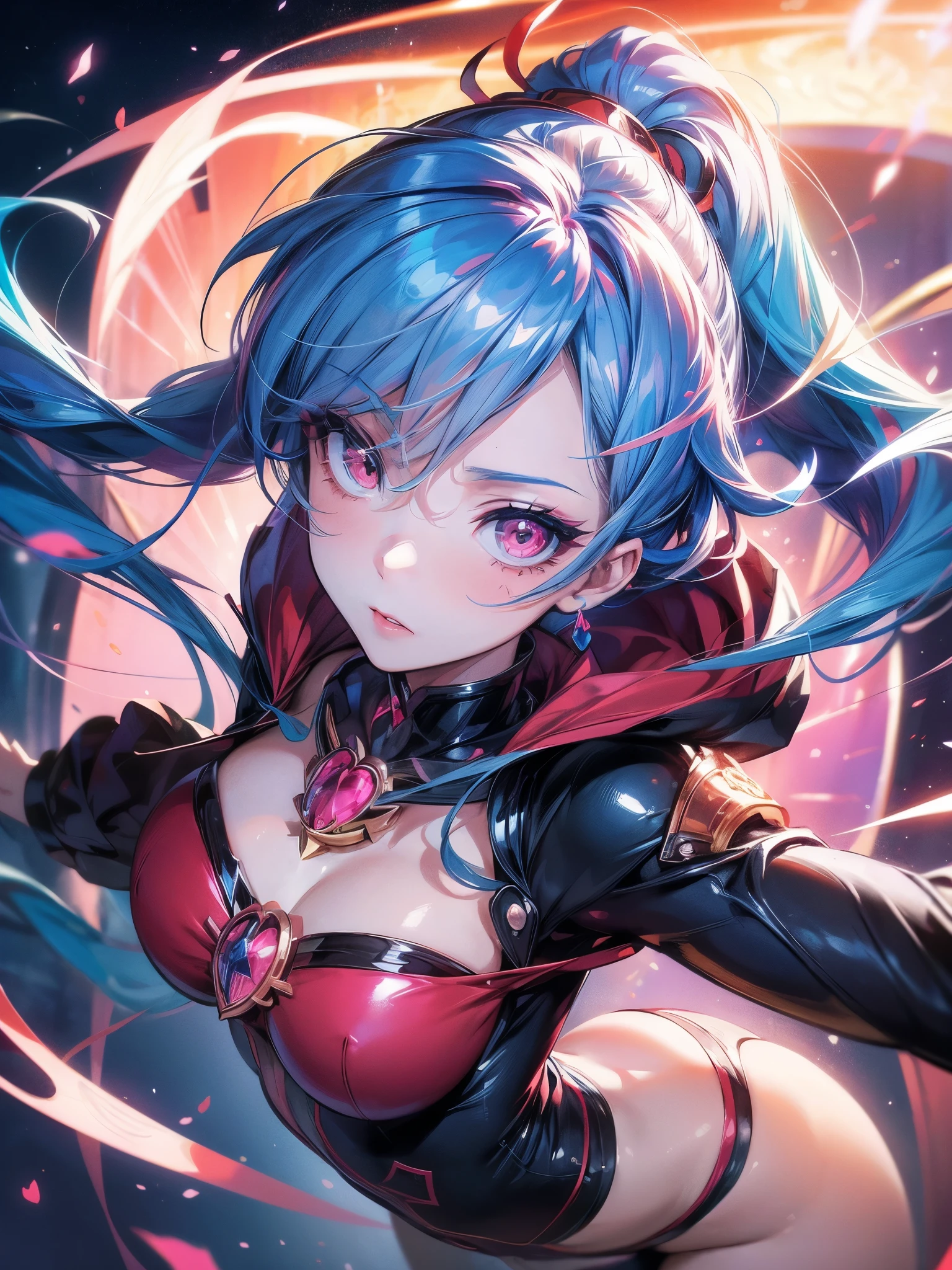 Senketsu Illustration,portrait of a magical girl,Flat anime style,Lovely trendy girl,with long pink curly hair,white skin,jinx,Draw a light on a blue,faced k-pop girl,(masterpiece:1.2),hi-res,4k,extremely delicate and beautiful art,pastel color,jinx_/(league of legends/),pink eyes,blue hair,portrait,