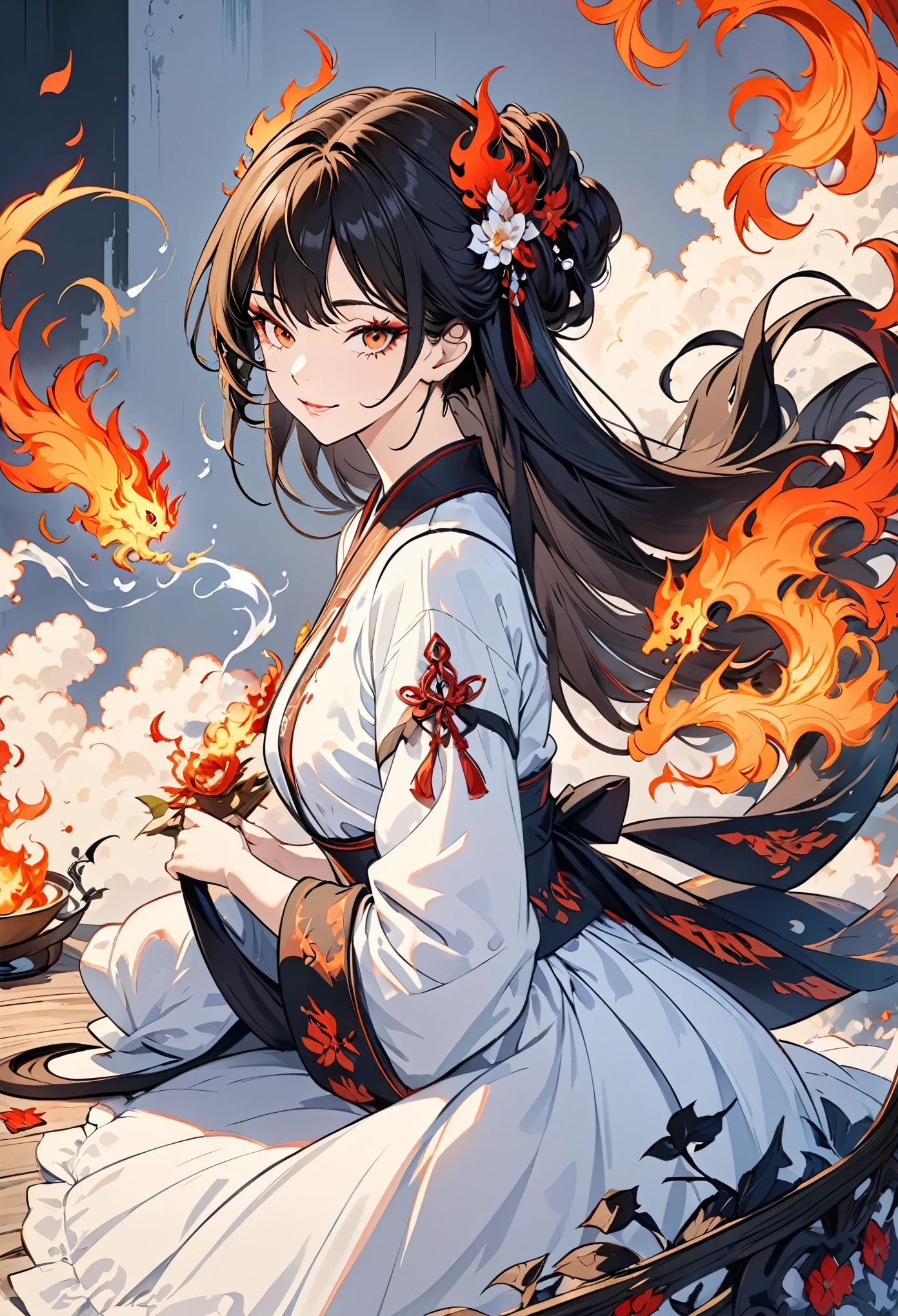 (Extremely detailed CG unity 8k wallpaper),(masterpiece), (best quality), (Extremely detailed), (Best Illustration),(The best shadow), (Sharp eyeliner, Eyeshadow, delicate eyes:1.1), (flame, smokes:1.3), ,rest, (vector:1.2), Evil smile,  