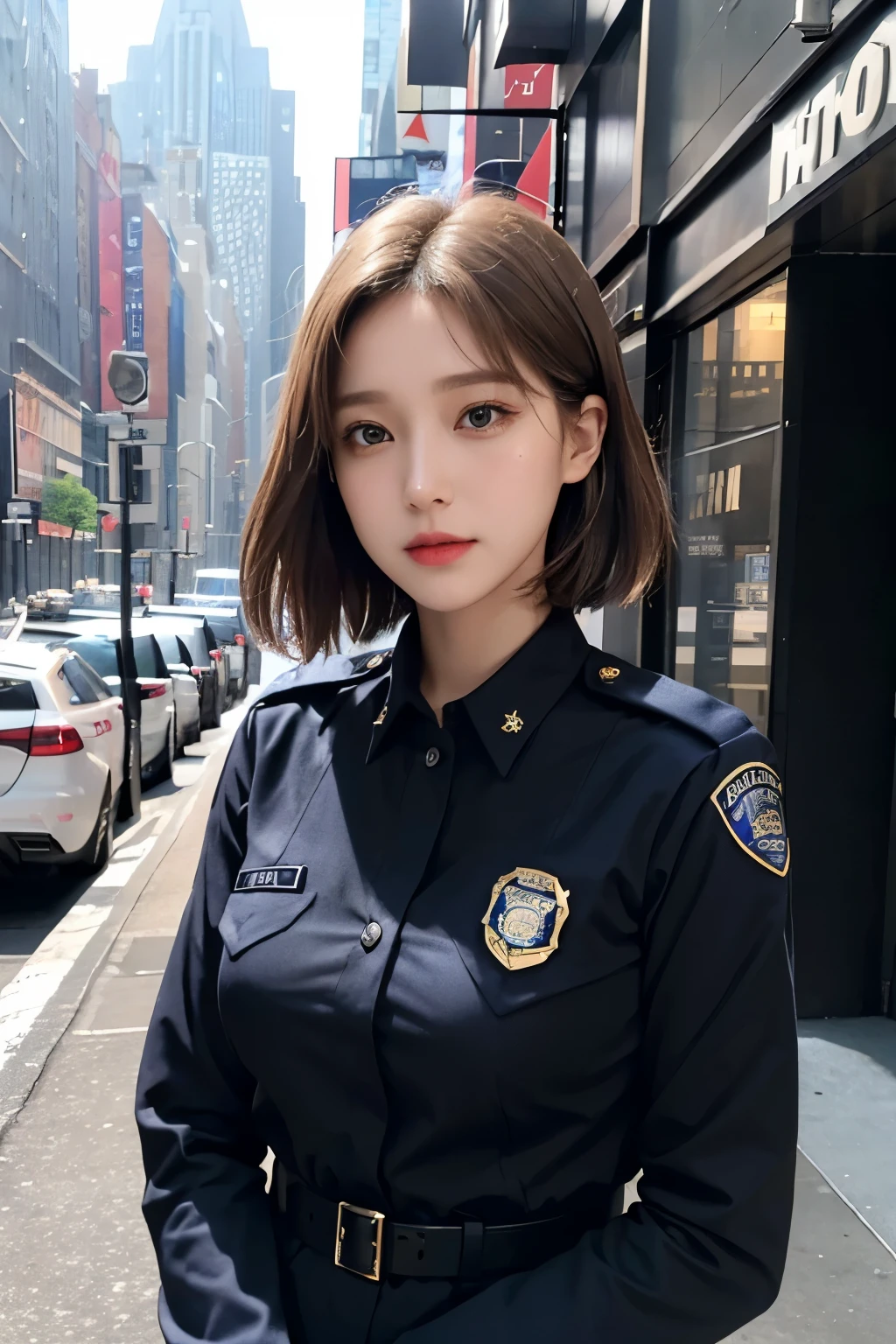 Ultra-high resolution、(Real:1.4)、One beautiful woman、Beautifully detailed eyes and skin、Light brown short hair、Small Bust、New York City Police Department NYPD Official Uniform、New York city at daytime、Dramatic composition、