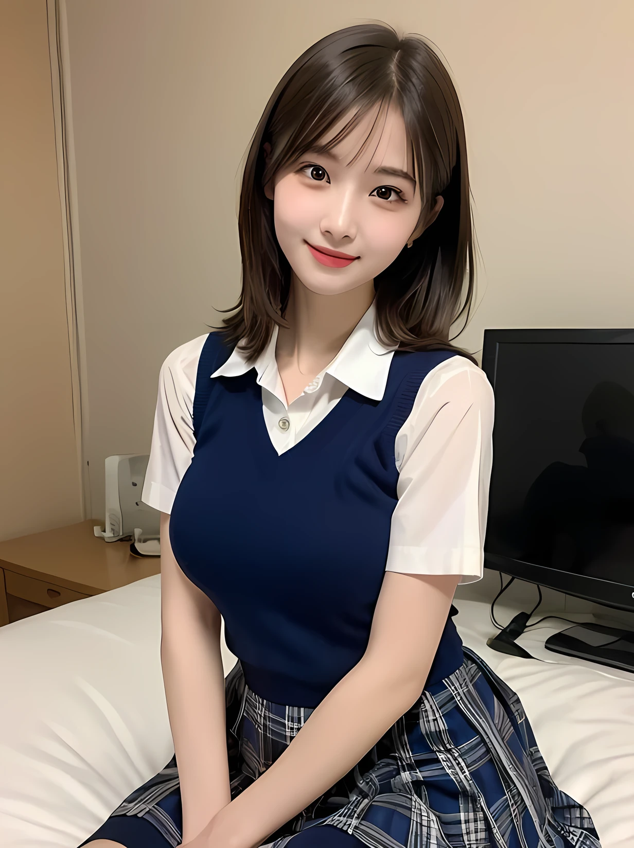 Tabletop、highest quality、figure、 Super detailedな、High resolution、8k wallpaper、Perfect dynamic composition,、Beautiful fine details、Natural color lip、Bold sexy pose、smile、Harajuku、20-year-old girl、cute、sexy shot looking at camera、(highest quality: 1.3), (masterpiece: 1.3), (Super detailed: 1.3), (wallpaper, One Girl: 1.1), (Detailed hands and fingers:1.2)、(Ultra-oily, lustrous skin with attention to detail:1.1)、Oily shiny knee socks、(The perfect school girl uniform:1.3)、Short sleeve dress shirt、(Navy Blue Sleeveless Sweater Vest:1.2)、(Beautiful big breasts:1.3)、(Red checkered mini skirt:1.2)、Sit with your legs apart、Brown Hair、short hair、ponytail、Beautiful sister、Childhood friend's boy's room、Kneeling on the bed