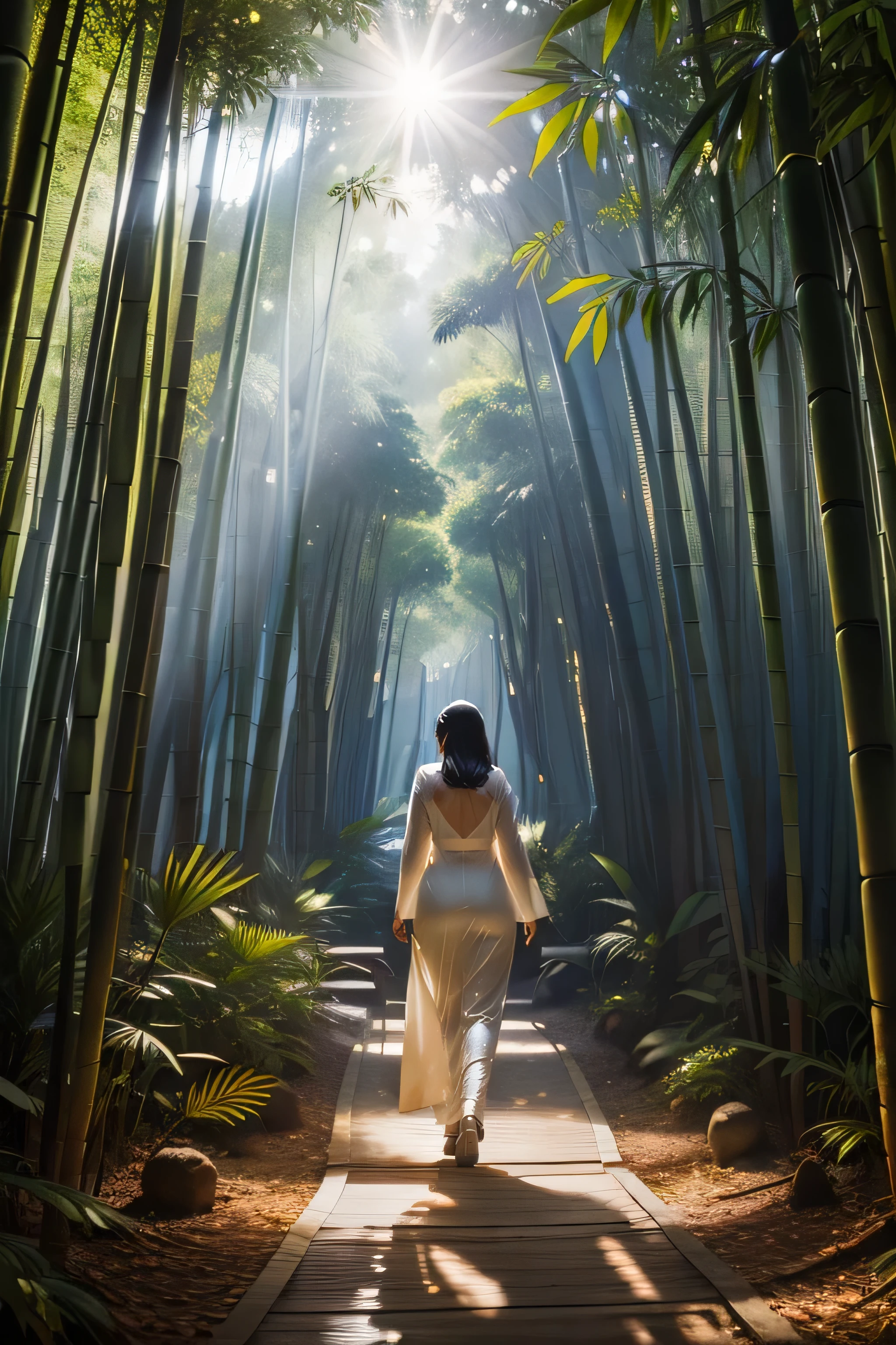 A beautiful woman is walking through a bamboo forest, Bask in the warm sunlight filtering through a canopy of tall bamboo leaves. The sunlight reflected dappled patterns on her white skin.。 A woman's long golden curly hair cascading down her shoulders, Highlighting her delicate features、Enhance your radiant smile. She is wearing a simple but elegant sundress., The hem flutters gently in the breeze. In her hands, She is carrying a bouquet of wildflowers that she picked from a nearby garden., (Full body portrait:1.4),