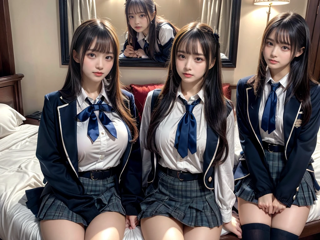 (8K, Raw photography, top-quality, masterpiece:1.2), master piece, best quality, illustration, Super detailed, fine details, High resolution, 8K,wall paper, perfect dynamic composition,(Details High quality, realistic depiction of eyes:1.3), ((2 girls, 2 schoolgirls)), The background is a luxury hotel room、High school girl uniform、blazer 、Super Short Check Uniform Skirt、Navy blue high socks、garterbelts、Colossal tits、Disturbed uniform, Play with each other,Touching each other's bodies,Touching the body of the girl next door, short bob hair, black hair color, huge breasts, Big Natural Color Lip, bold sexy pose, (perfect body shape), crying a little、cold gaze, Beautiful makeup,glitter makeup,Cutest 18 years old, beautiful legs, hposing Gravure Idol, Voluptuous thighs