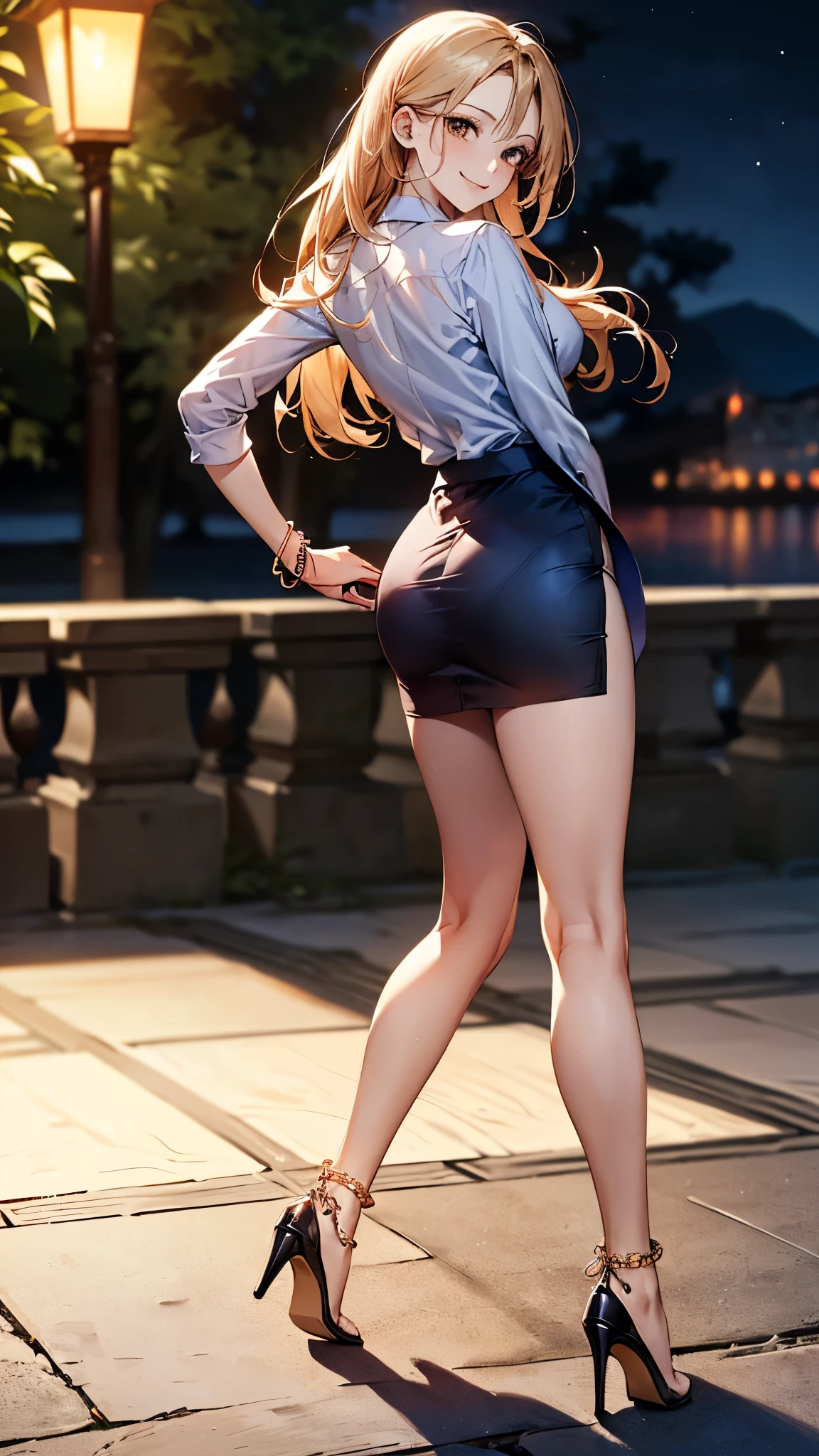 ((Biologically correct limb count))、(( whole body including face))、4K、Masterpiece、((Focus on the face))、((Symmetrical, well-proportioned facial features))、Eyes with delicate depictions、(((1 person)))、Beautiful woman、Outstanding style、Slender Body、、((blazer、shirt、Checked Skirt,(High heels with anklets)))、(((coastal)))、(Smiling and smiling）、(Close-up of upper body from behind）、High angle、night、Walking posture、