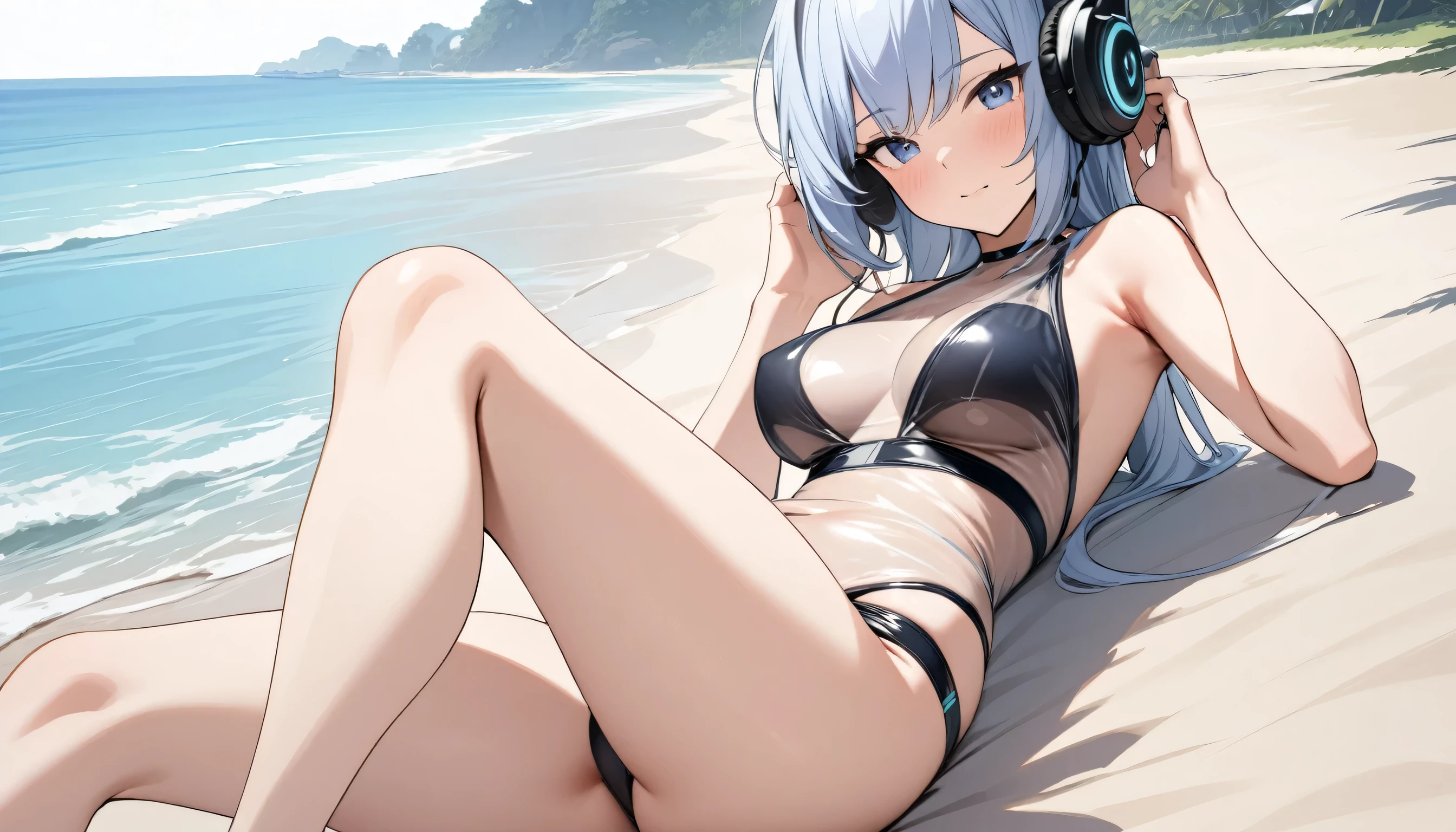((Top Quality)), ((Masterpiece)), (Detail), perfect face, sitting on the beach, listening to music, girl, wearing headphones, wearing swimsuit, swimsuit is transparent, sitting with legs spread, wearing tight clothes Yes , buttocks and breasts are exposed.