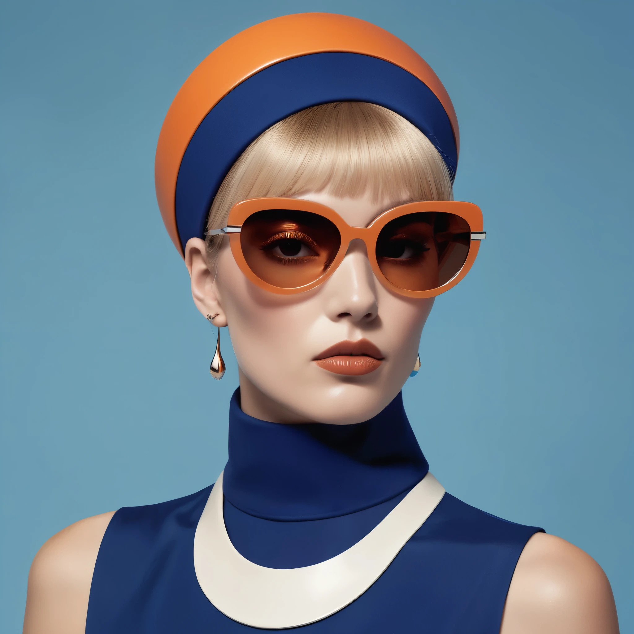 em vista frontal, Portrait of a Shar Peil dog channeling quintessential 1960s mid-century space fashion, inspirado nas obras de Paco Rabanne, Pierre Cardin and André Courrèges. The backdrop is deep, azul neutro, criando um contraste forte que acentua o assunto. He is adorned with a futuristic high-neck piece that reflects the innovative and bold spirit of the time... Her makeup is emblematic of 1960s beauty trends, com afiado, winged eyeliner and voluminous lashes framing the eyes, while her lips are painted a deep fluorescent orange, creating a vibrant statement. Her head is adorned with a stylish geometric hat that complements her outfit and exudes her space-age appeal... in your opinion, He wears a pair of striking sunglasses with a unique, modernist shape, in line with the trend-setting designs of the time. Todos os aspectos de sua roupa, from hat to sunglasses, is carefully selected to resonate with the space age vibe, creating a harmonious and striking portrait that pays homage to the innovative fashion of the 1960s —ar 9:16 —s 750 —v 6.0