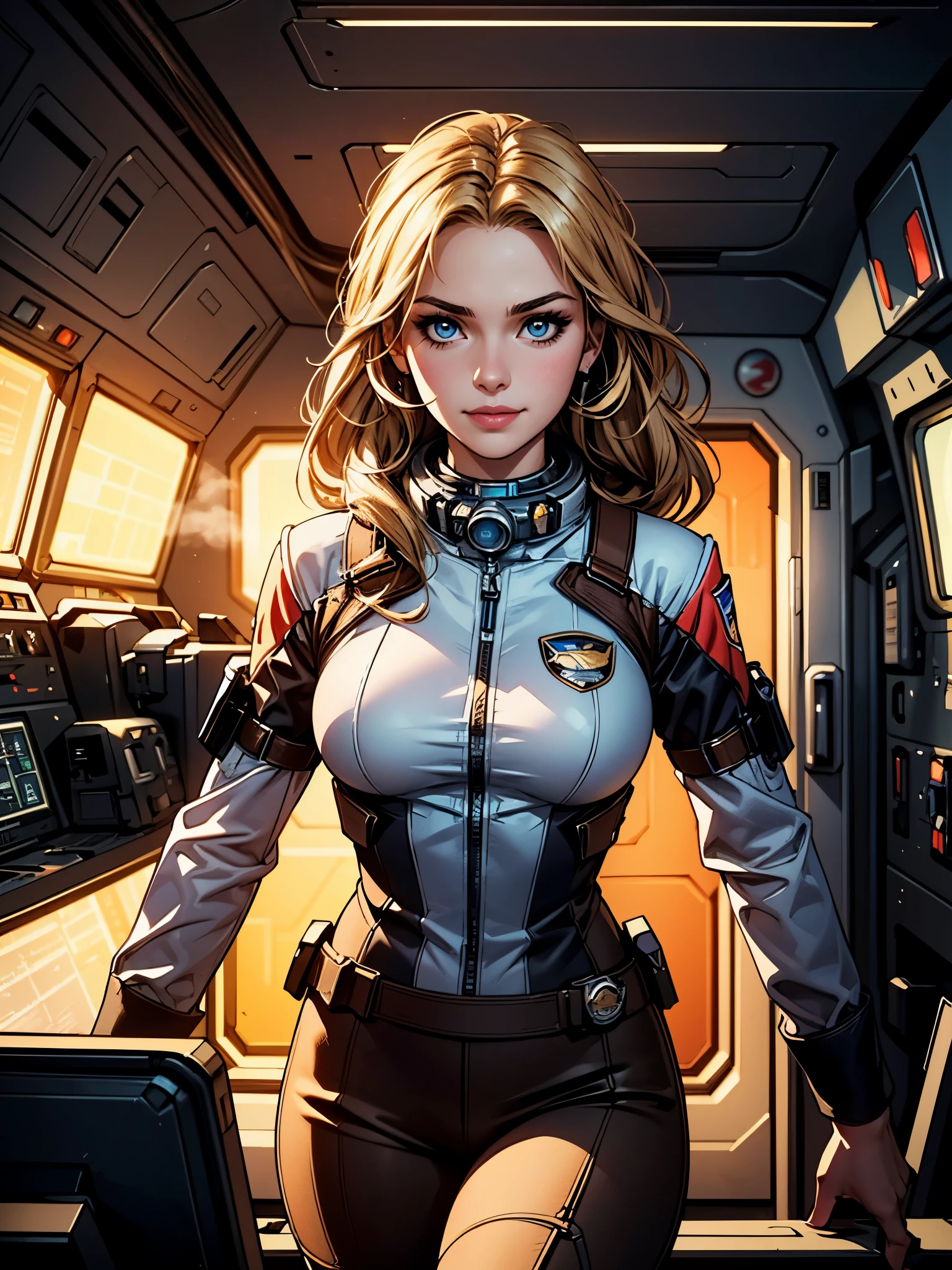 medium:illustration,realistic,high quality,portrait,professional,concept art,pencil sketch,color palette:brown tones,soft lighting

blonde girl,beautiful detailed eyes,beautiful detailed lips,extremely detailed eyes and face,long eyelashes

wearing a brown colored pilot uniform,70s tv show Battlestar Galactica,fitted uniform,pilot insignia on the shoulder,pilot cap with emblem,patches on the sleeves

muscular physique,muscular arms,toned legs,strong posture

confident expression,assertive gaze,head slightly tilted,chin up

standing in a proud stance,arms crossed,proud smile

indoor background,spaceship cockpit,steampunk-inspired control panels,futuristic gadgets and switches

breathing apparatus hanging from a strap around her neck,ready for space exploration

dramatic lighting,soft shadows,accentuating the contours

vibrant colors,rich browns and golds,contrasting highlights

[high resolution],ultra-detailed,meticulous attention to costume and facial features,pencil strokes adding depth,texture and realism ,  smirk, sultry look, seductive, 