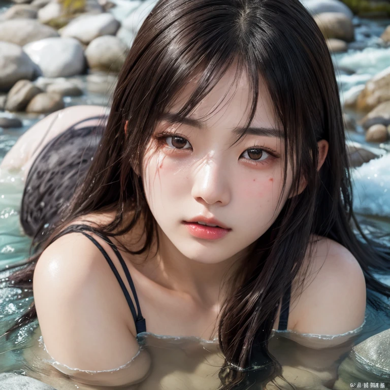 Rembrandt Lighting, (photoRealistic:1.2), (highest quality), (Detailed skin:1.3), (Intricate details), Ray Tracing,One girl, In detail, One Girl, Very beautiful face and eyes,肩にかかるLong Hair, 顔front, (Intricate details), dramatic, Ray Tracing, 顔front, Scattered beneath the surface,(blush:0.5), front, bangs, Hair between the eyes, One girl, Cute Japanese Girl,Detailed skin texture, Bare skin above the collarbone, Shoulder Bare Skin, masterpiece, highest quality, High resolution, View your viewers、Idols,Top view angle,Ultra-high definition 8K,highest quality,Very detailed,masterpiece,Realistic,Rich details,Photographic realism,Very detailed環境,Very detailed照明,Very detailed詳細,Photographic works,Long Hair,Painful expression,cry,目を開けてcry(Lying in the cold river:1.5),Looking at the camera,Top view angle,