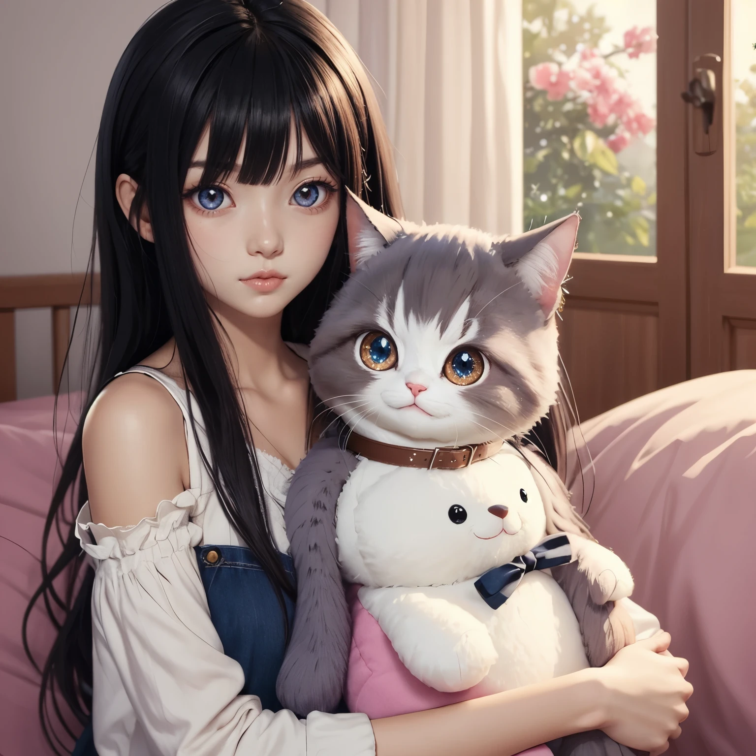 Adorable kawaii anime girl with black hair, big sparkly eyes, holding a plush toy, pastel colors, soft lighting, by Sakimichan and Nekopara team, digital painting style.