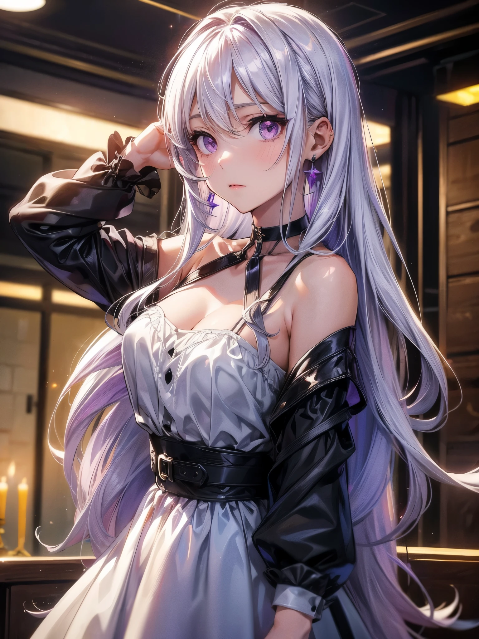 1girl, solo, long hair, breasts, looking at viewer, bangs, long sleeves, dress, hair between eyes, jewelry, medium breasts, very long hair, closed mouth, standing, purple eyes, white hair, cowboy shot, earrings, choker, indoors, black dress, see-through, black choker, hand on own chest, watch, wristwatch, white pantyhose,purple eyes
