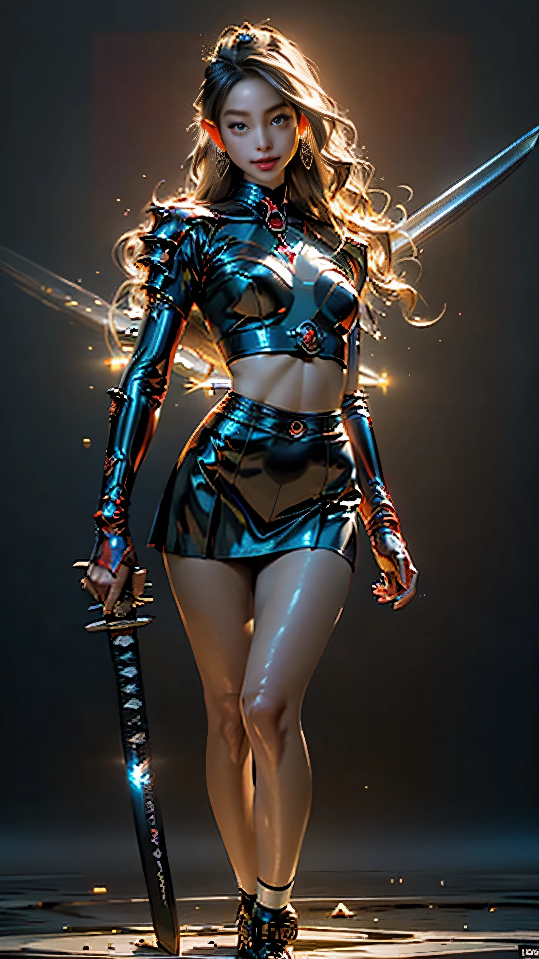 Masterpiece, Best quality, maximum detail, (Female Succubus:1.7), stunningly beautiful:1.46, perfect skin:1.5, professional fashion model looks:1.6, perfect eyes:1.5, focused eyes:1.39, fierce gaze:1.35, (expressive neon-red eyes:1.5), crystalline, (lustrous blond:2 hair), super-detailed eyes:1.5, eye shine:1.53,(Victoria's Secret "Angels" perfect body):1.35, perfect legs:1.5, top quality thighs:1.32, thighs, thigh gap:1.31, flawless calves:1.42, perfect breasts:1.5, medium-large breasts:1.5, perfect cleavage:1.49, (low cut top:1.61), sweaty skin:1.36, (glistening skin:1.4, skin shine:1.33), (textured skin), (mischievous smile:1.5), (long flowing silver:1.3 hair:1.47), (long voluminous hair:1.4), highly detailed hair:1.3, fractal art:1.13, (distressed leather pleated skirt:1.4), (distressed leather crop top:1.4), (wielding her intricate, (maximum-detailed katana):2, reflective steel kitana with light effects:1.44, (in a Kenjutsu stance):1.3, (burning vibrant blades of light power encircling her), (spiraling vortex of bright red God Rays:1.33), there is a (black dragon with polished metal scales), in the background:1.3), (it's fearsome head rearing back to strike), (((perfect lighting))) (background art style similar to James Jean), (stylized after the works of Yoji Shinkawa:1.45 and Ashley wood:1.41), ArtStation Challenge Winner, Venice Biennale's Golden Lion Winner, medium shot, (low angle POV:1.5), (POV full body shot:1.4), uplight lighting, golden hour, Octane render, masterpiece, Ultra fine details, 8k, 16k, UHD, Monte Carlo Ray Tracing, brandishing a katanas, super detailed katanas, fighting with katanas, holding the katanas, (in a defensive stance with two katanas, (holding katana swords up and ready:1.52), low angle, wide angle lens, key backlight, in (dynamic poses:1.5), natural beauty, (anatomically correct), (anatomical perfection), (anatomically well-proportioned:1.34) and (anatomically symmetrical):1.43, repeat positive prompts, repeat negative prompts