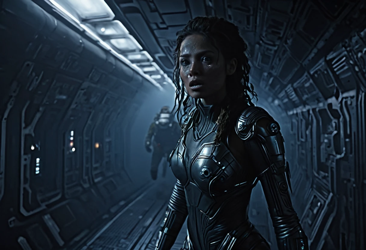 a primitive cannibal woman, stalking the halls of a space ship, hunting an astronaut, extremely detailed face and body, intricate details, realistic, cinematic lighting, dramatic atmosphere, dark sci-fi, moody lighting, volumetric fog, dynamic pose, photoreal, 8K, (best quality,4k,8k,highres,masterpiece:1.2),ultra-detailed,(realistic,photorealistic,photo-realistic:1.37)