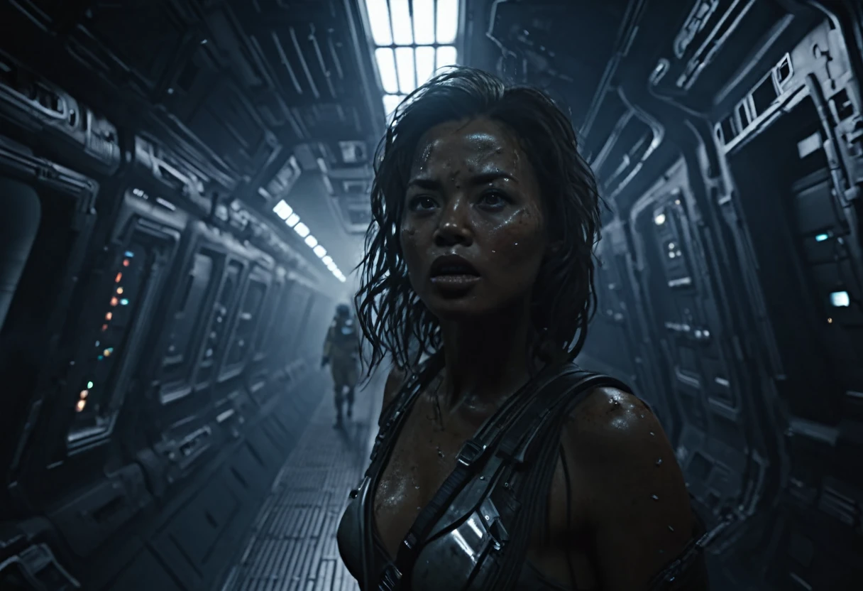 a primitive cannibal woman, stalking the halls of a space ship, hunting an astronaut, extremely detailed face and body, intricate details, realistic, cinematic lighting, dramatic atmosphere, dark sci-fi, moody lighting, volumetric fog, dynamic pose, photoreal, 8K, (best quality,4k,8k,highres,masterpiece:1.2),ultra-detailed,(realistic,photorealistic,photo-realistic:1.37)
