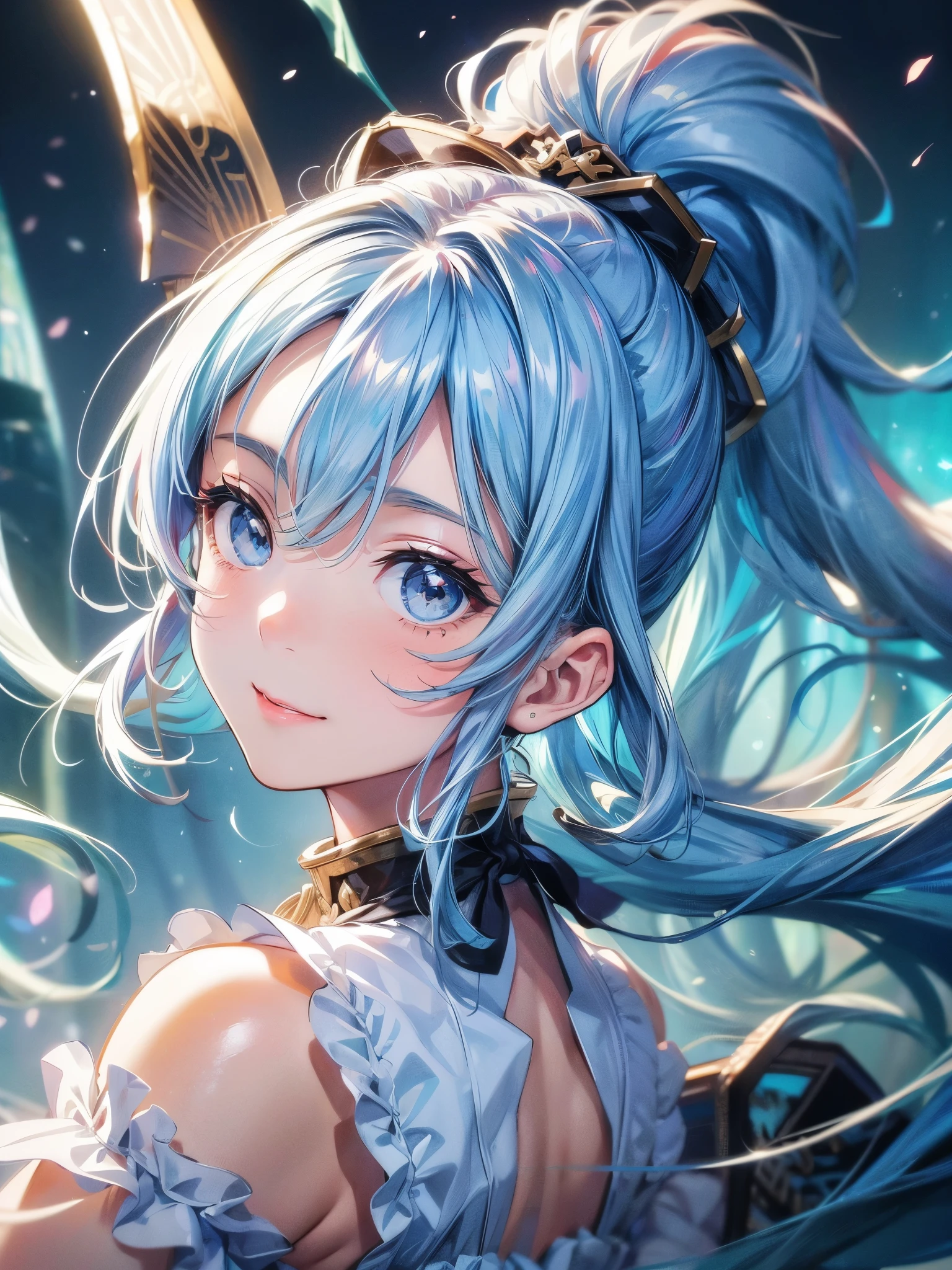(masterpiece), (best quality), (Super detailed),(disheveled hair),(illustration), (1 Girl), permanent, Smile, Beautiful and delicate eyes, Light blue eyes, Detailed beautiful face, (Kamisato Ayaka: 1.2), focus on face, Ponytail, Kamisato Ayaka(Genshin Impact), light blue hair, Detailed hair, Bangs, Optimal lighting, The best shadow, Very detailed, energetic