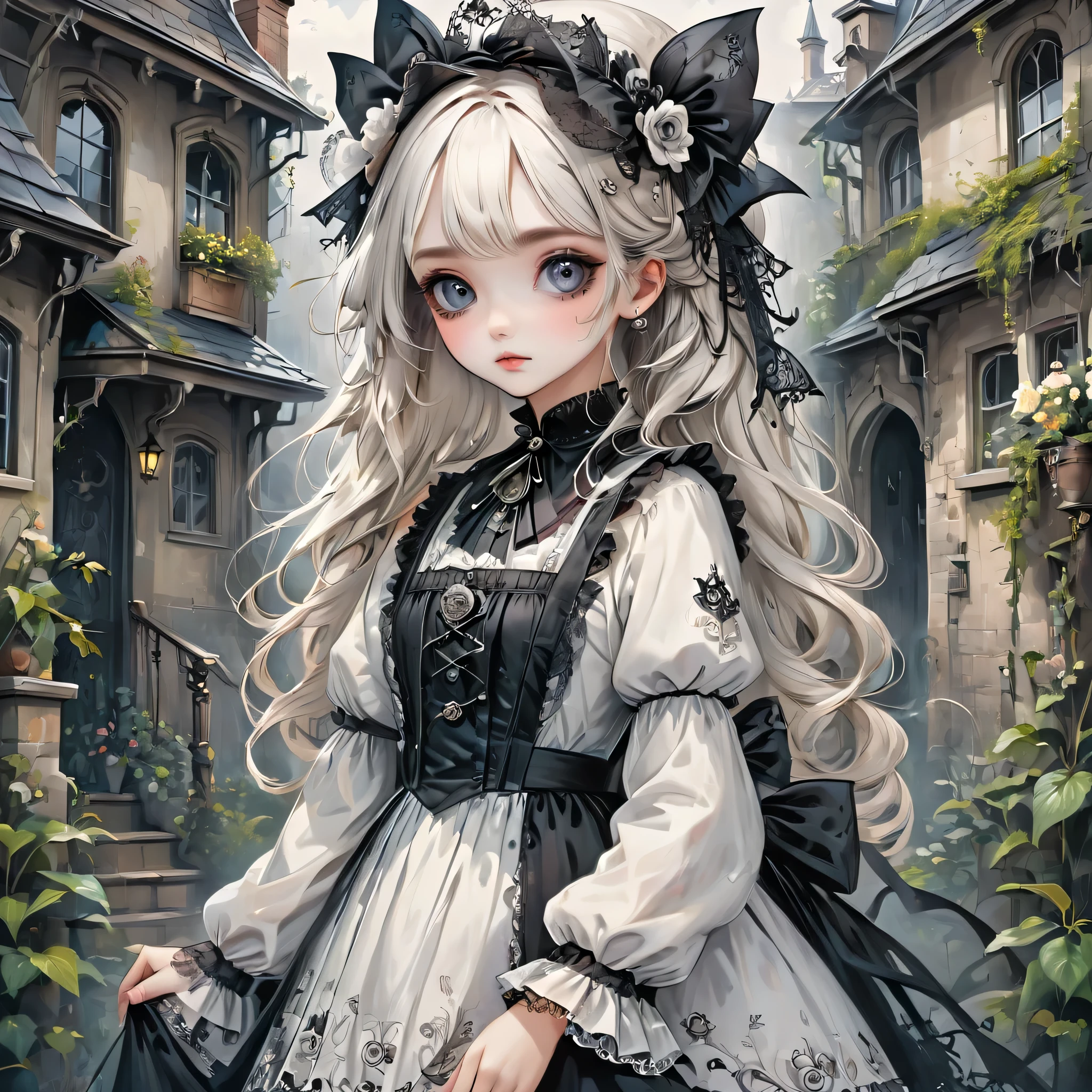 Gothic horror paintings,((Beautiful girl standing:Gothic Lolita::Ephemeral:beautiful girl:cute:Adorable:Perfect Face:white:eyelash:Big eyes)),Gothic House,